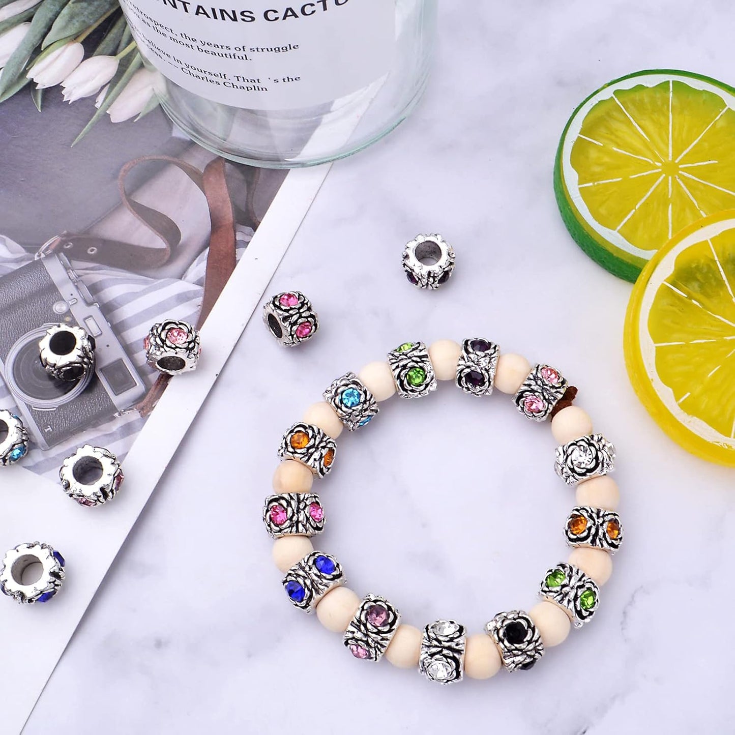 20pcs Large Hole Spacer Beads Rhinestone European Rondelle Spacer Beads Crystal Loose Charm Beads for Snake Chain Bracelets Crafts Jewelry Making Supplies, 10 Styles, Hole: 5.7 mm
