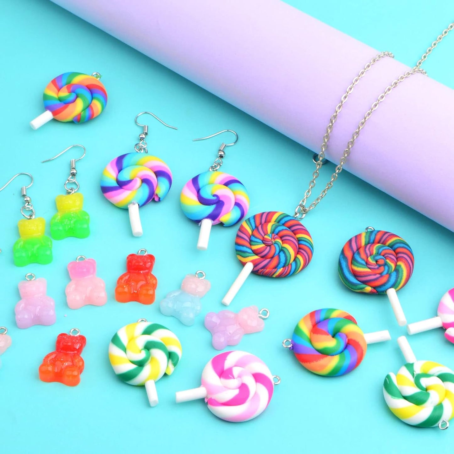 10pcs Colorful Sweet Candy Lollipop Charms and 10pcs Gummy Bear Pendants Resin Polymer Clay Charms with 20pcs Earring Hooks and 20pcs Jump Rings for DIY Earrings Craft Jewelry Making
