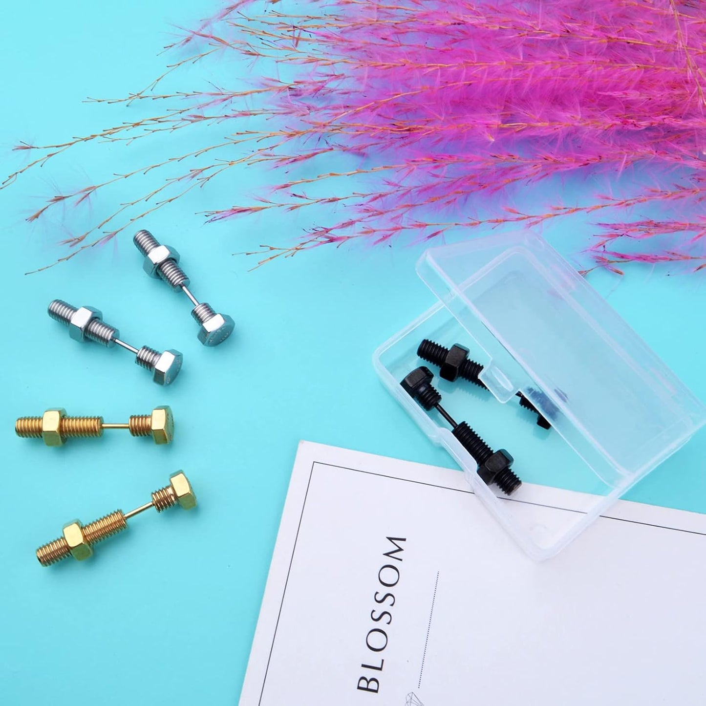 3 Pairs Stainless Steel Punk Style Earrings Cool Screw on Earring Studs Backs Piercing Jewelry with A Plastic Box for Men Women Earring Backs, 3 Colors, 34 mm x 7.7 mm