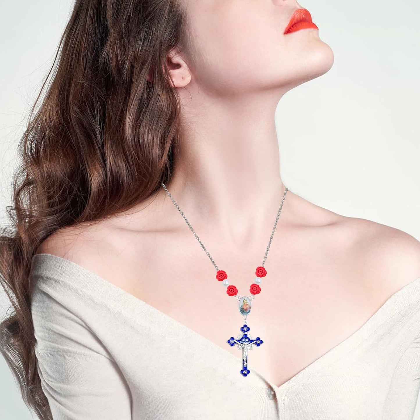 5pcs Enamel Jesus Virgin Mary Pendant Links, 5pcs Blue Religious Cross Charms, 30pcs Cinnabar Carved Red Rose Beads and 500pcs White Pearls for Rosary Necklace DIY Jewelry Making
