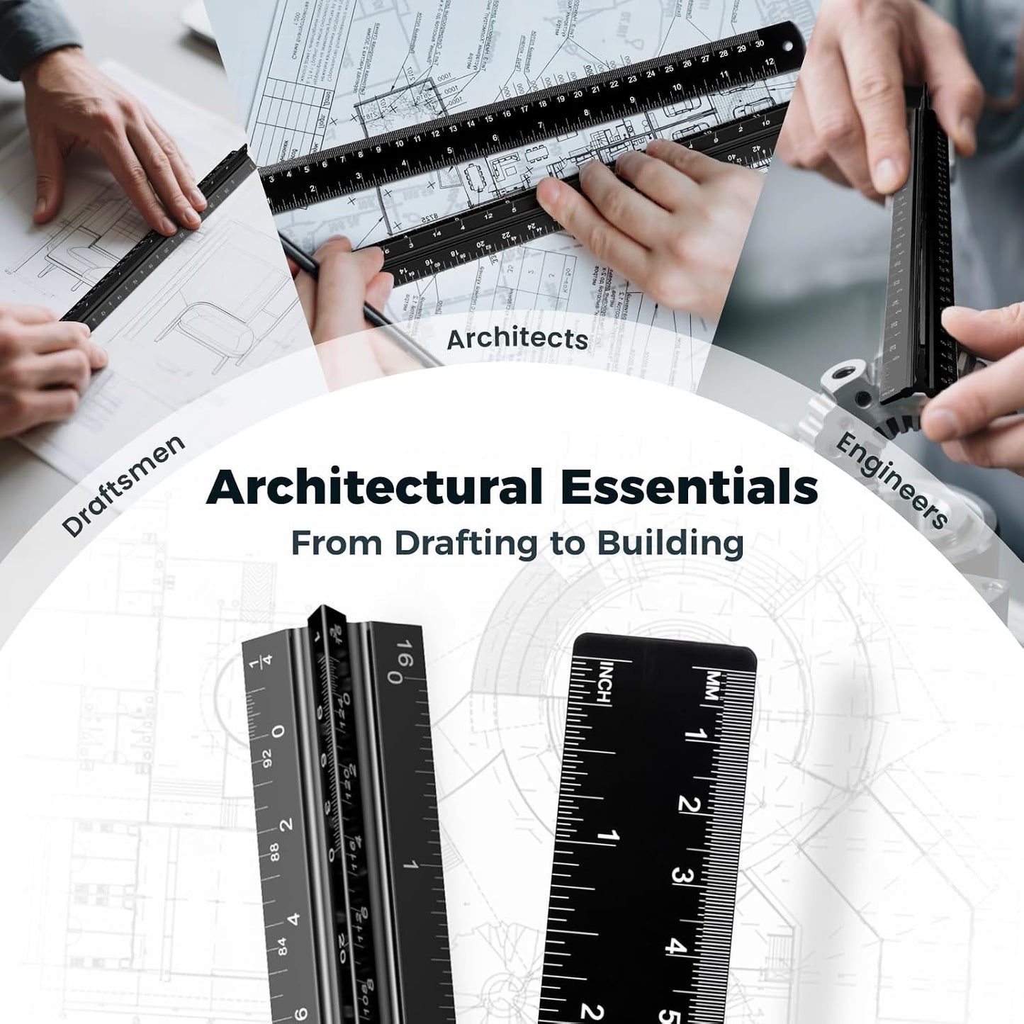 Aylifu 2Pcs Architectural Scale Ruler, Triangular Scale & Straight Ruler, 12 Inch Aluminum Drafting Ruler Set, Laser Etched, Smooth Non-Sharp Edges, Lightweight, Inch MM Conversion for Architectur