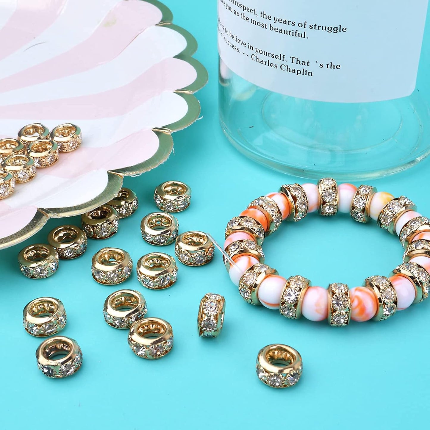 European Rhinestone Spacer Beads, 40pcs Gold Plated Crystal Rondelle Beads Brass Round Loose Beads with 6 mm Large Hole for DIY Jewelry Making Christmas Party Birthday Ornament, 10 mm x 5 mm