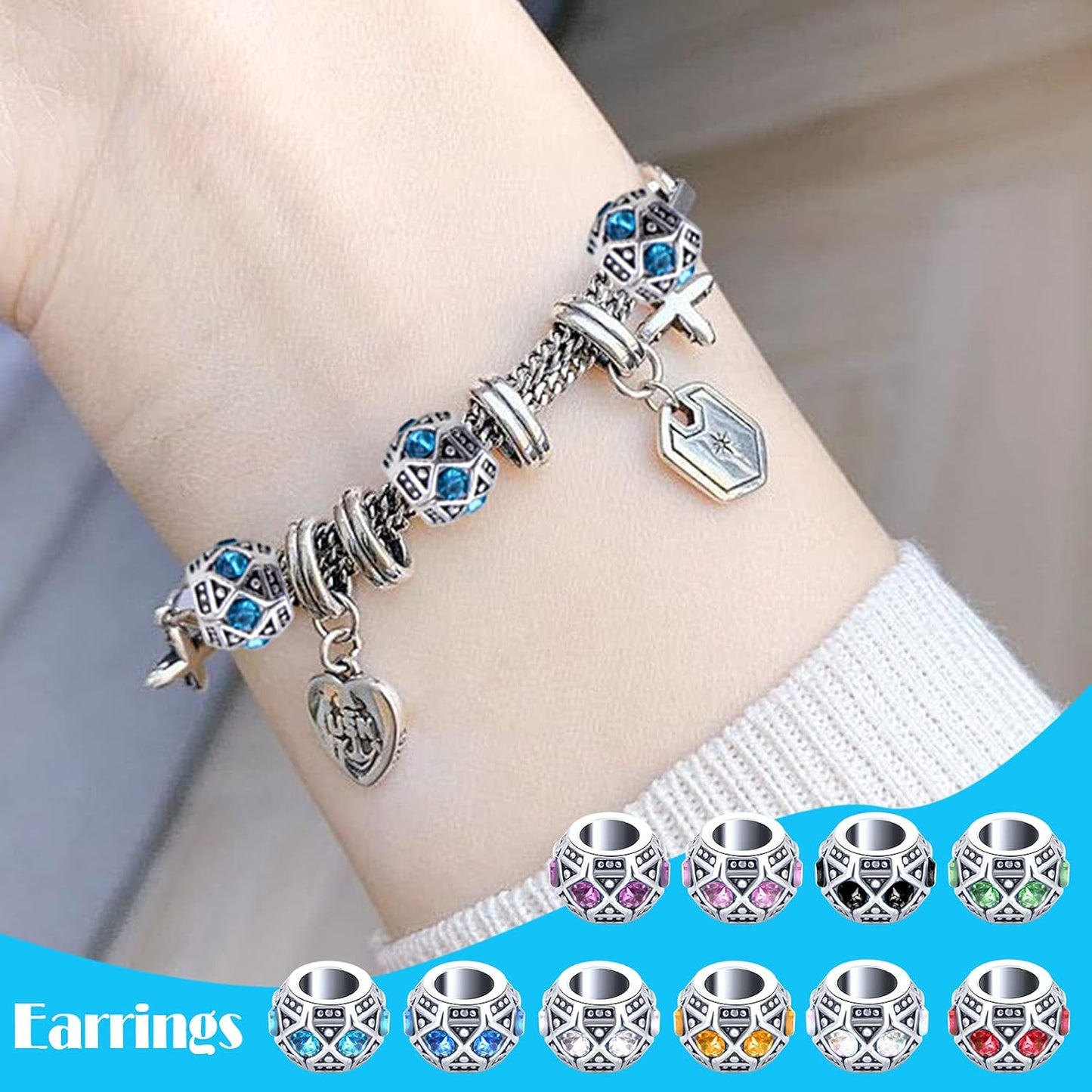 Rhinestone European Beads, 30pcs 10 Colors Large Hole Crystal Spacer Beads Loose Rondelle Charm Beads Crafts Supplies for DIY Snake Chain Bracelet Jewelry Making, 11 x 9 mm, Hole: 5 mm