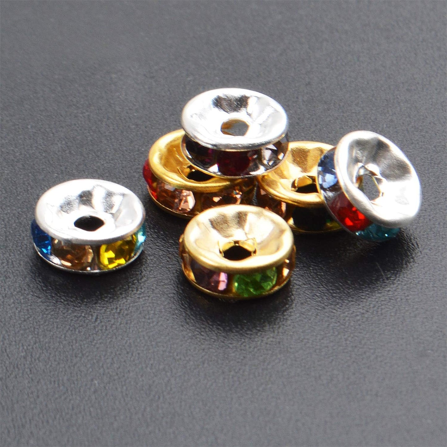 200pcs 8mm Multicolor Rhinestone Spacer Beads Mixed Crystal Rondelle Beads for Bracelets Necklaces Jewelry Making,Gold & Silver