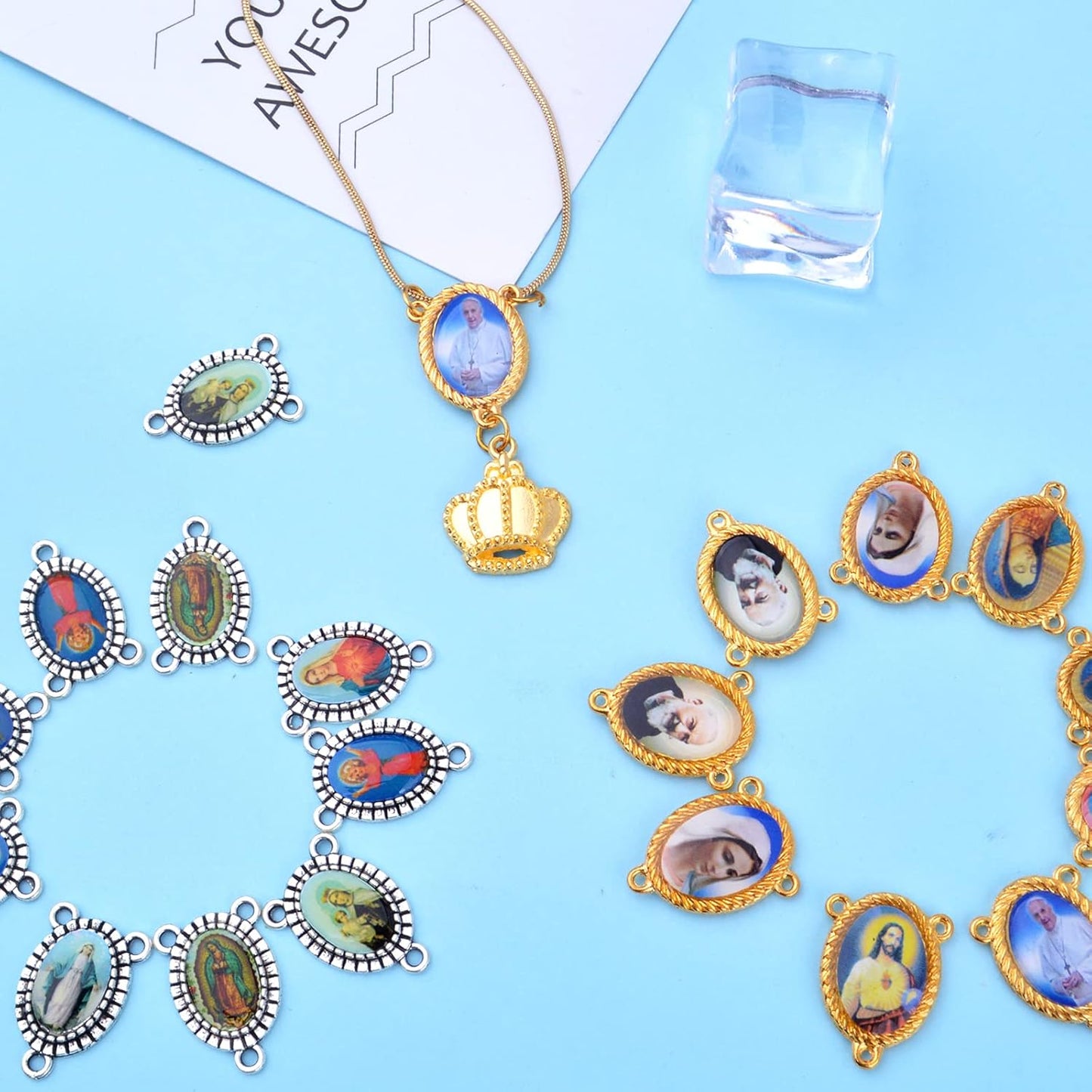20pcs Mixed Pictures Oval Virgin Mary Miraculous Medal Floral Rosary Centerpiece Alloy Jesus Crucifix Cross Pendants Charms Connectors for DIY Jewelry Making, Gold, Silver
