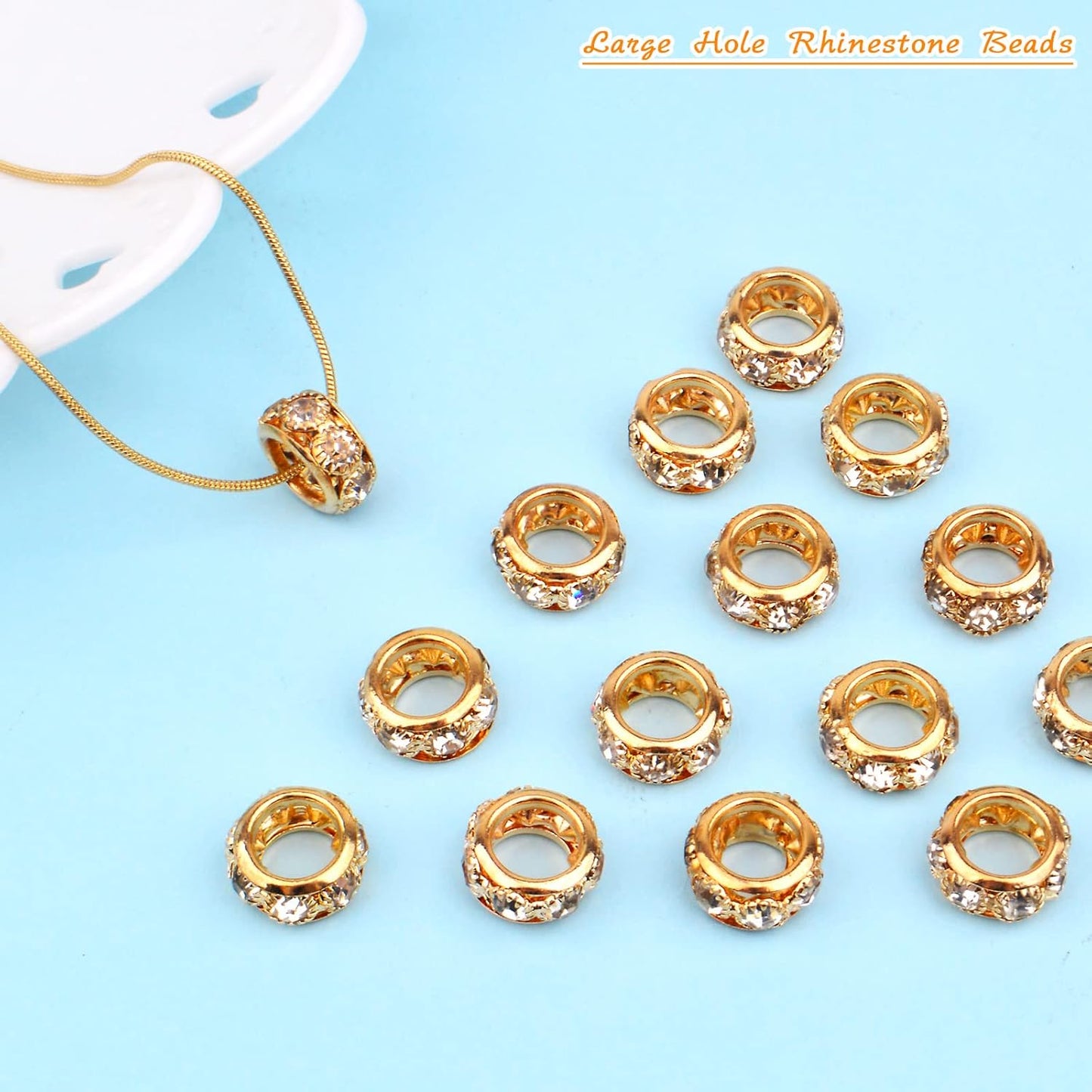 40pcs 12mm Rhinestone European Spacer Beads Diamond Crystal Charm Beads Rondelle Loose Beads with 8mm Large Hole for DIY Bracelet Crafts Jewelry Making, KC Golden