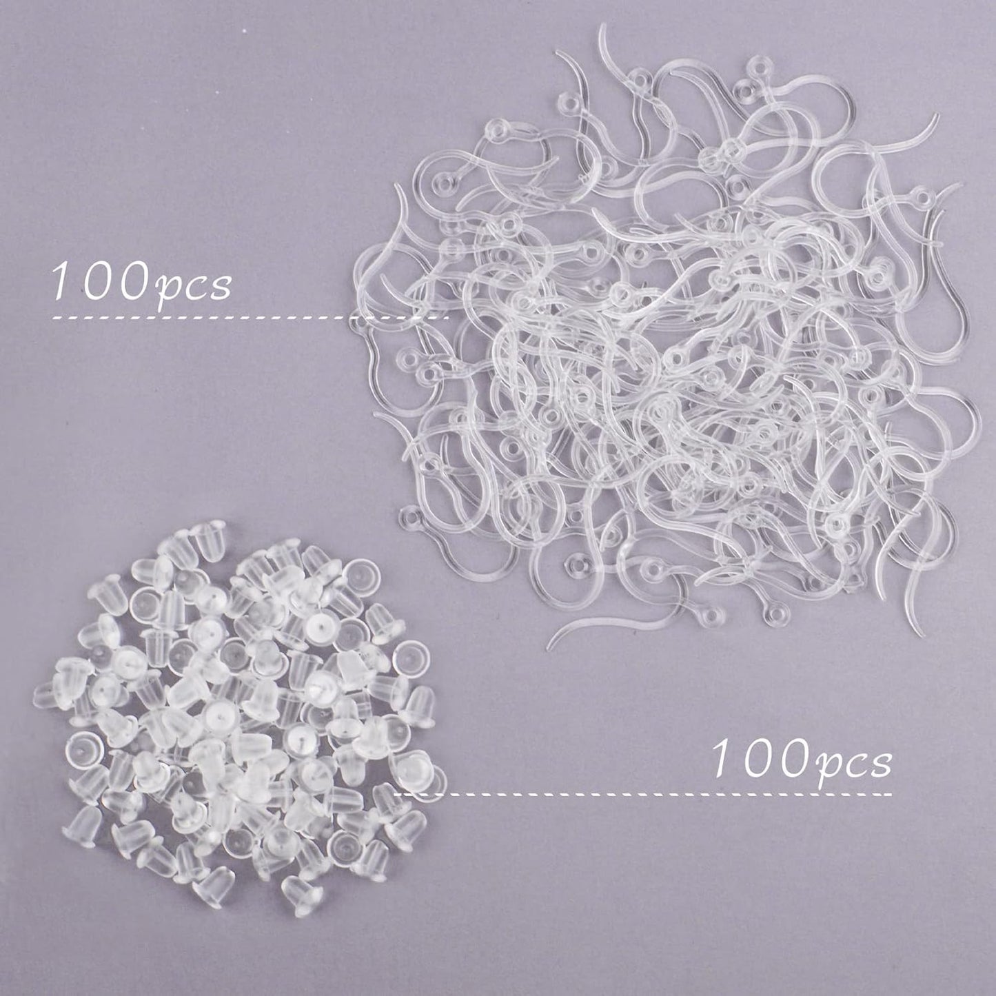 100pcs Clear Plastic Earring Hooks Ear Wire with Loop French Fish Hooks and 100pcs Transparent Earring Stoppers for DIY Earrings Jewelry Making Craft Decoration
