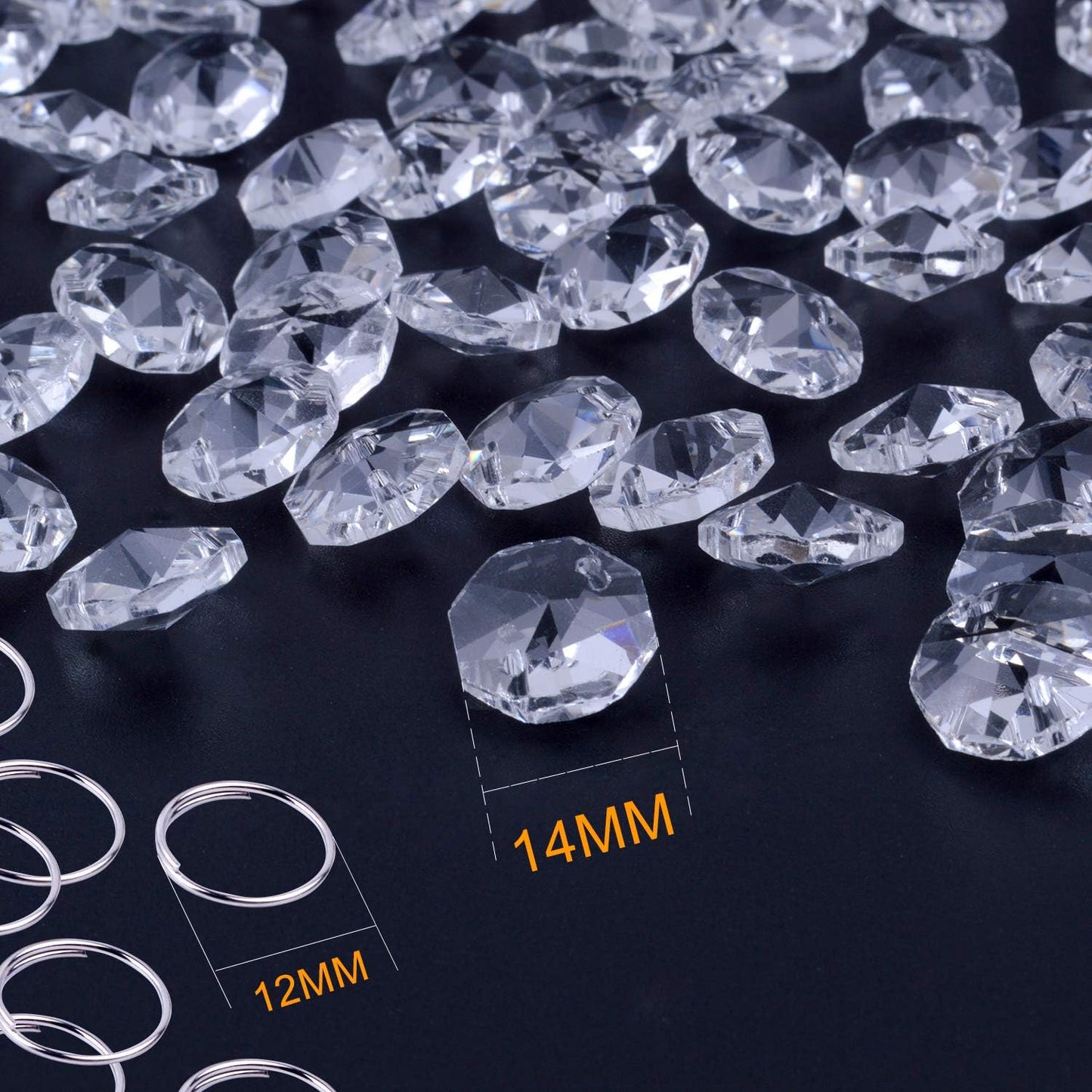 100Pcs 14mm Clear Crystal Octagon Beads with 100Pcs Stainless Curtain Rings Jump Rings Key Rings for Chandelier Prisms Curtain Parts Jewelry Making