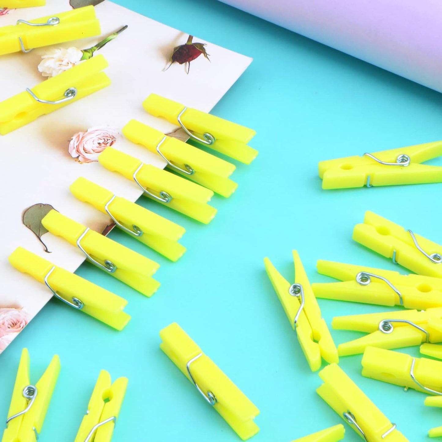 100 Pieces Mini Plastic Clothespins Sturdy Photo Paper Clips Decorative Craft Clips for Hanging Picture Arts Scrapbooking Home Wedding Decor, Yellow