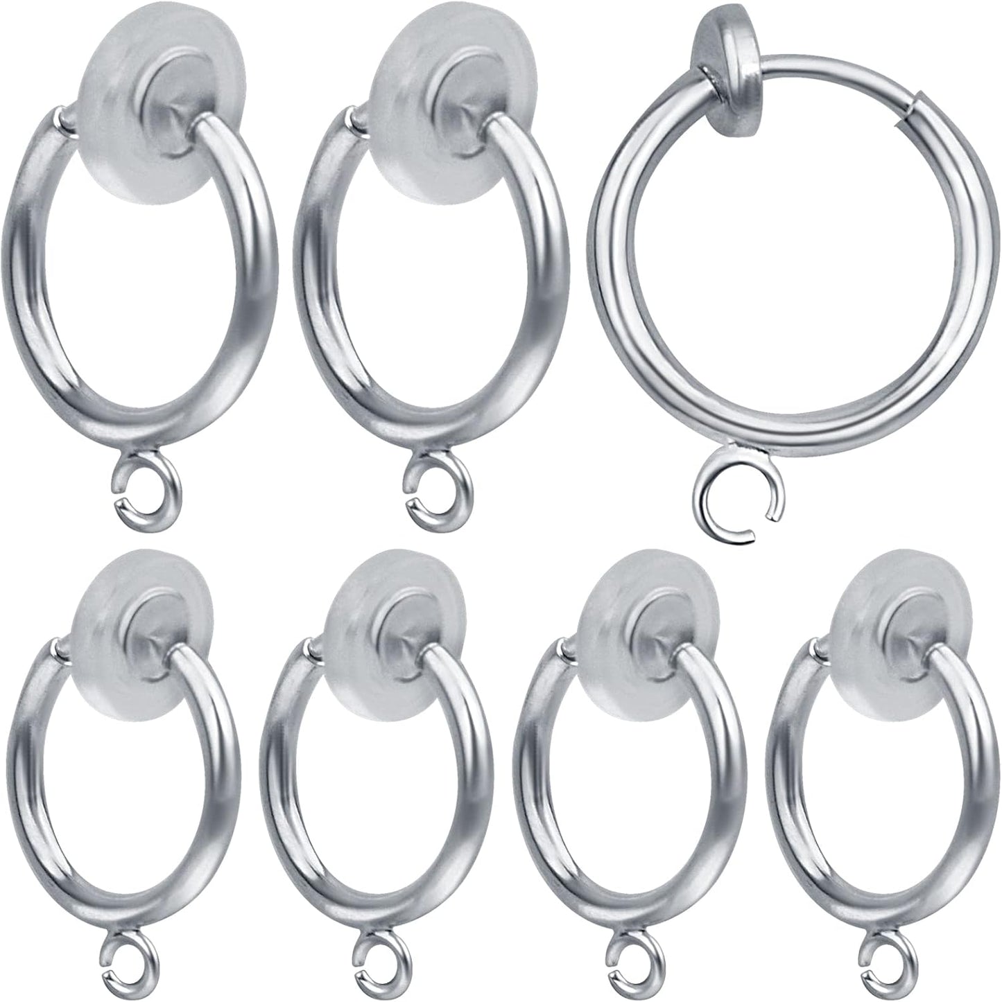 16pcs Brass Clip-on Hoop Earring Converters Round Dangle Ear Clips Classic Earring Findings with Open Loop for Non-Pierced Ears Jewelry Making, Bright Silver