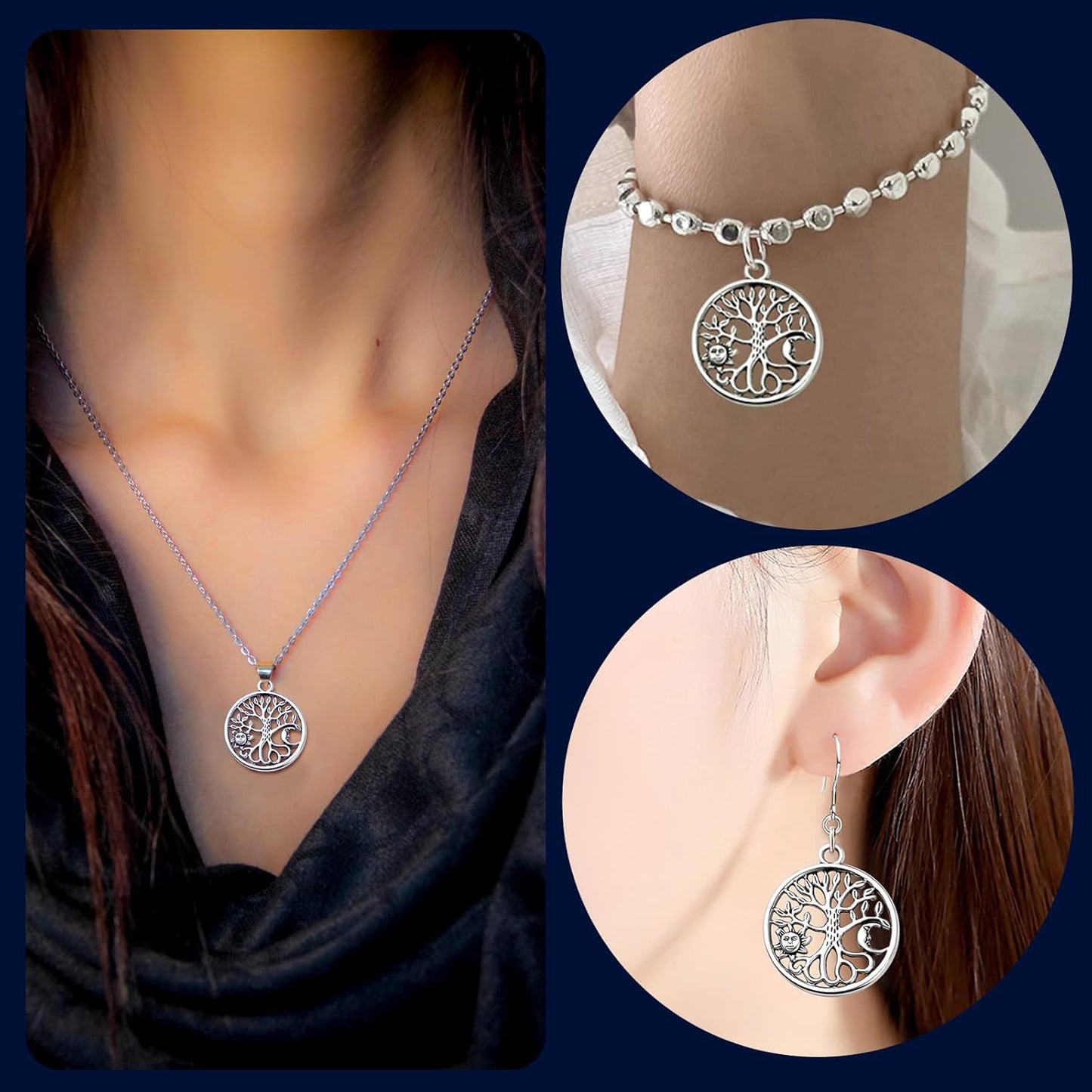 30pcs Antique Silver Tree of Life Charms Pendants with Sun Moon Tibetan Alloy Hollow Round Tree Vintage Charms Jewelry Making Accessory for DIY Necklaces Bracelets