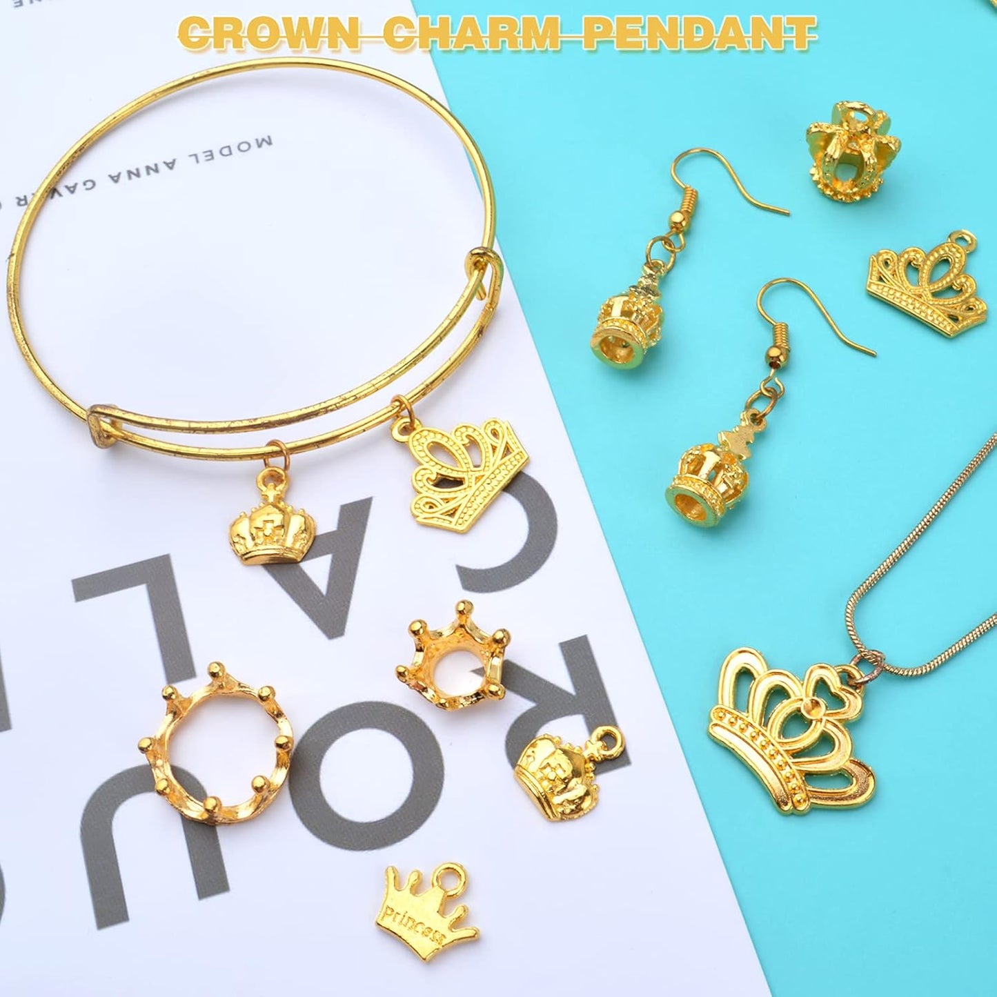 50pcs 10 Styles Crown Charms Pendants Alloy 3D Mini Lovely King Pendant Vintage Crown Bead Charms Jewelry Making Accessory for DIY Necklace Bracelet Earrings Crafts, Golden