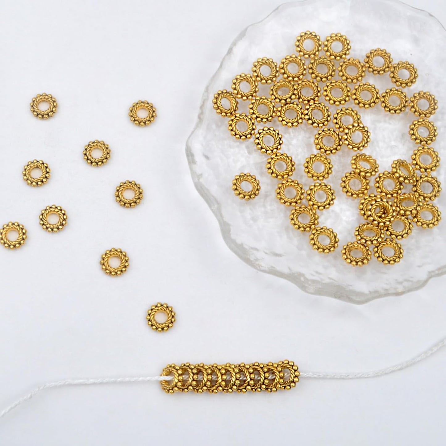 200pcs Round Gear Spacer Beads Tibetan Antique Golden Alloy Rondelle Loose Charm Bead Metal Spacers Accessories for DIY Bracelet Necklace Earrings Crafts Jewelry Findings
