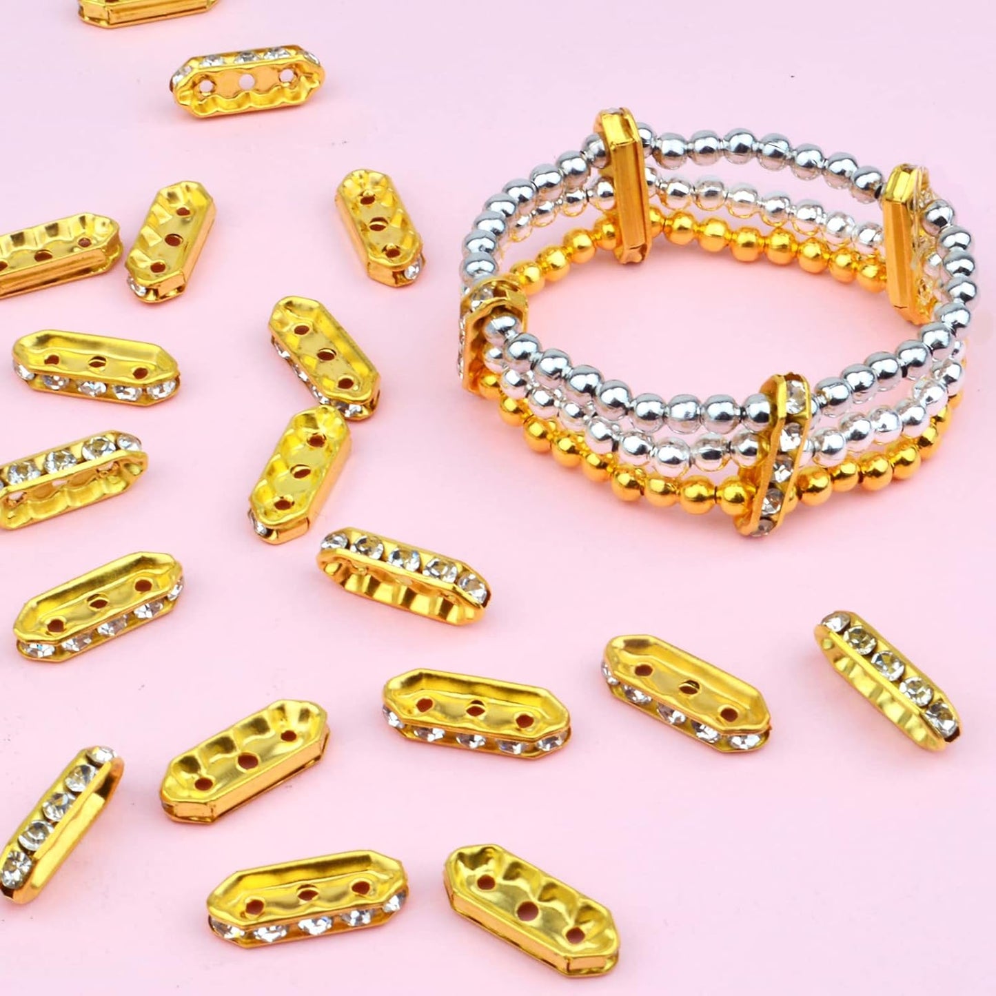 100pcs Rhinestone Spacer Bars Crystal Beads 3-Hole Alloy Spacers Bar Link Connectors for Multi Strand Bracelet Jewelry Making Accessory, Golde