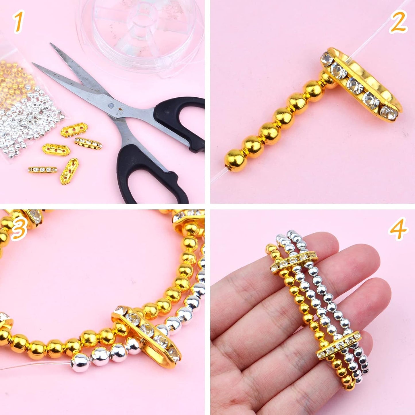 100pcs Rhinestone Spacer Bars Crystal Beads 3-Hole Alloy Spacers Bar Link Connectors for Multi Strand Bracelet Jewelry Making Accessory, Golde