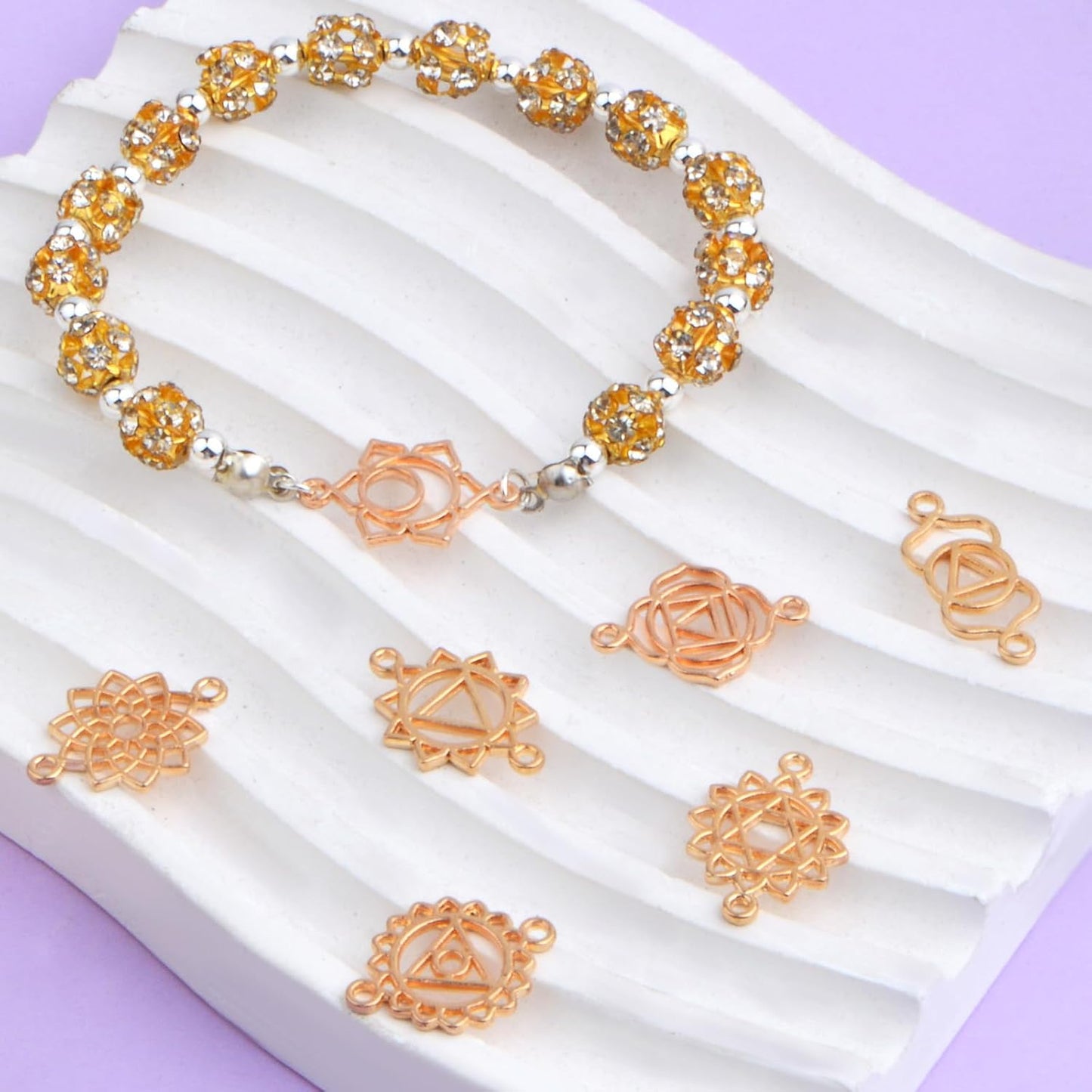 70pcs KC Golden Chakra Energy Charms Connectors Alloy Yoga Inspirational Hollow Flower Chakra Pendants Links for DIY Bracelet Necklace Jewelry Making Supplies, 7 Styles
