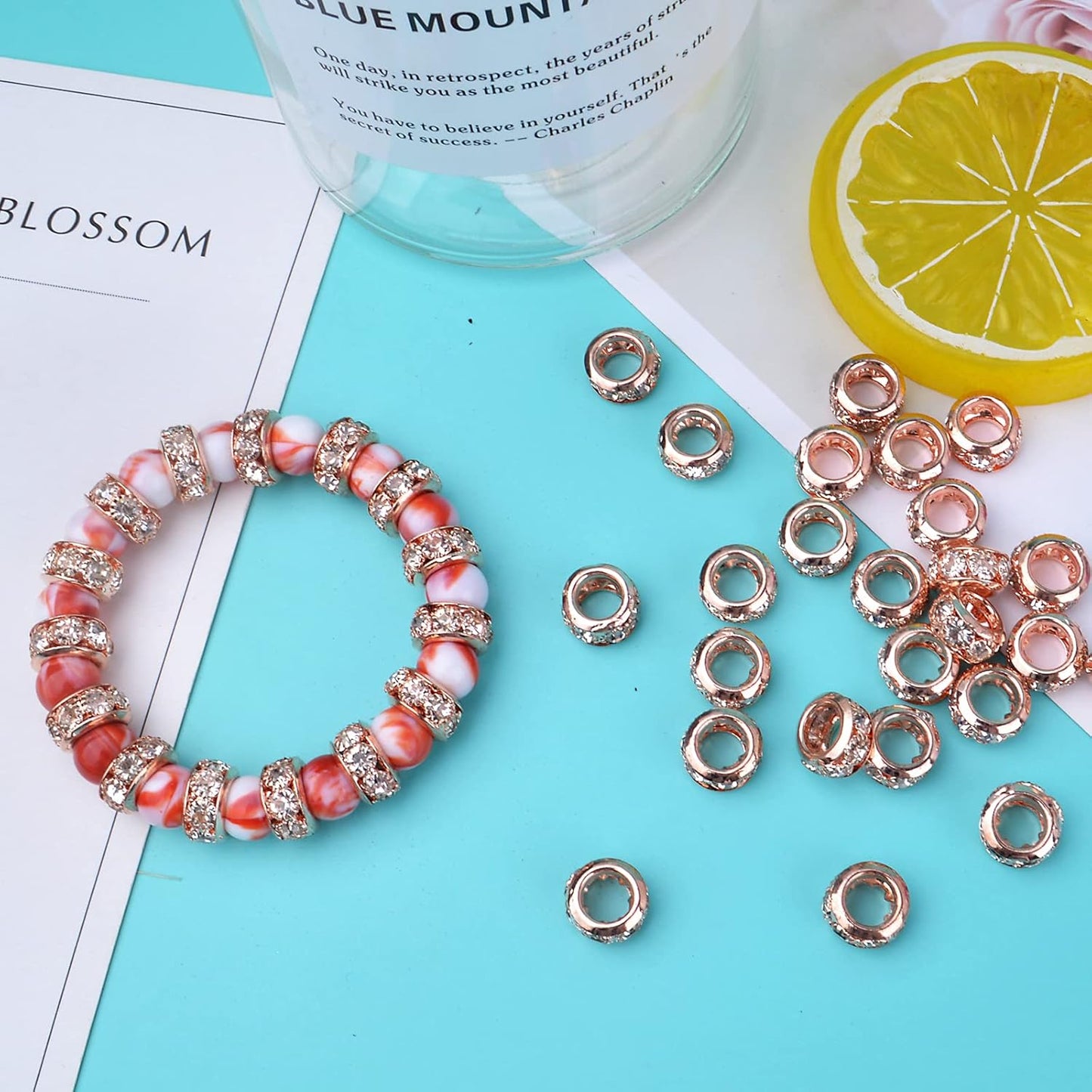 40pcs Rose Gold European Large Hole Beads Rhinestone Rondelle Spacer Beads Crystal Loose Charm Beads for DIY Bracelet Necklace Crafts Jewelry Making Supplies, Hole: 6 mm