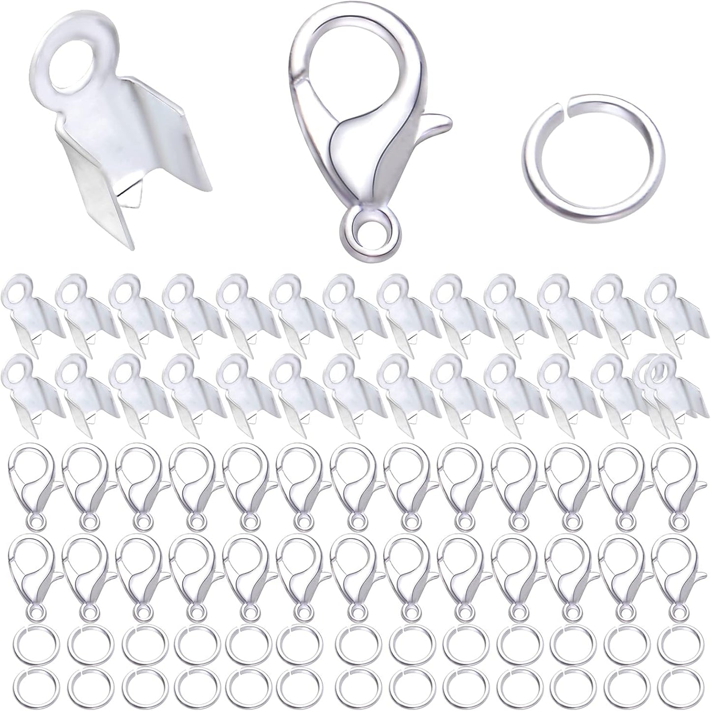 500pcs Silver Jewelry Making Accessories Kit, 200pcs Fold Over Cord End Caps Crimp End Tips, 200pcs Open Jump Rings and 100pcs Lobster Claw Clasps for Leather Ribbon Jewelry Making Findings
