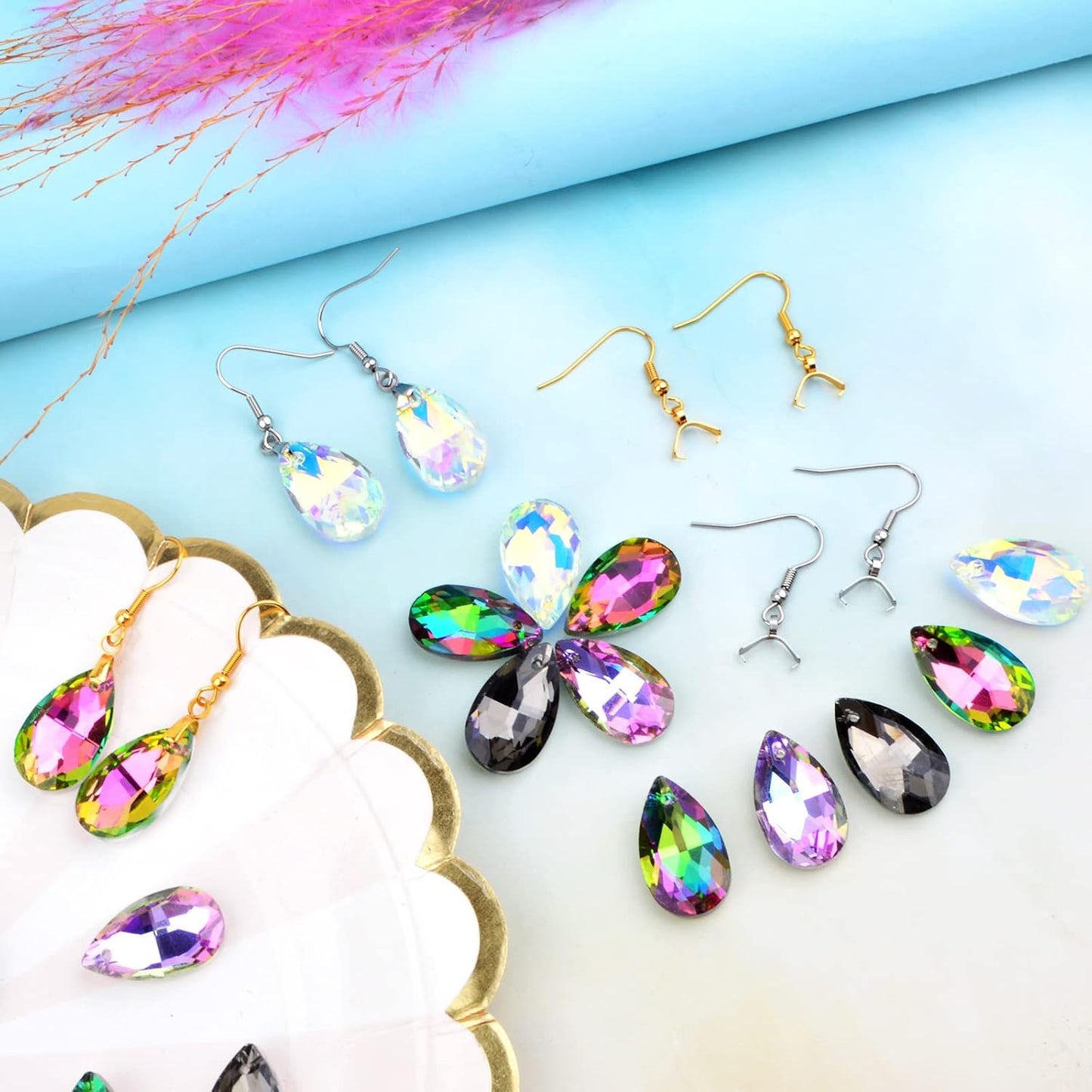 20pcs Hypoallergenic Earring Hooks Stainless Steel French Earwire Ear Ball Hooks with Pinch Bail Clasps and 20pcs Colorful Teardrop Crystal Pendants for DIY Earring Jewelry Making