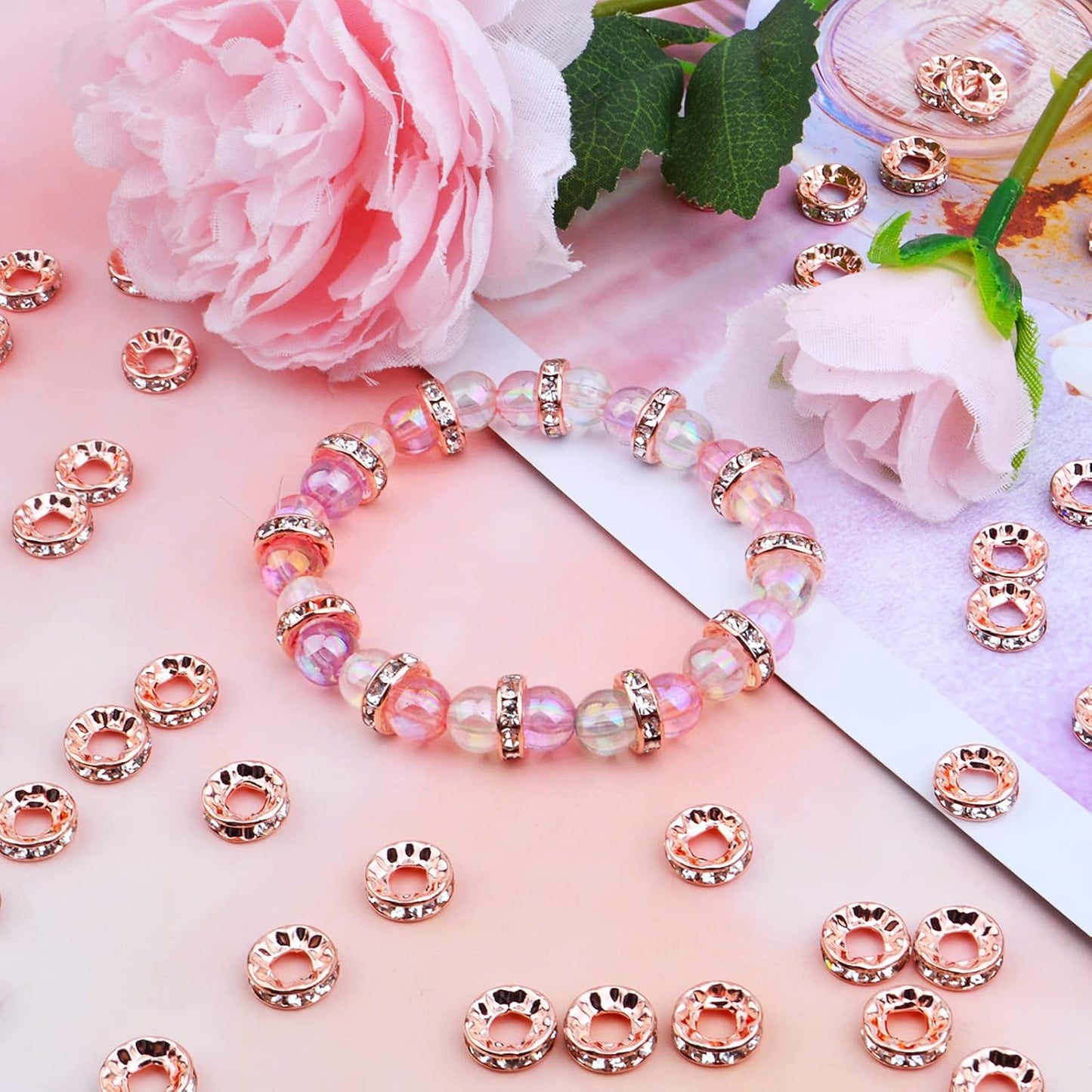 100pcs 10 mm Rhinestone Rondelle Spacer Beads Large Hole Round Crystal Loose Beads Craft Supplies for DIY European Bracelet Jewelry Making Decor, Rose Golden