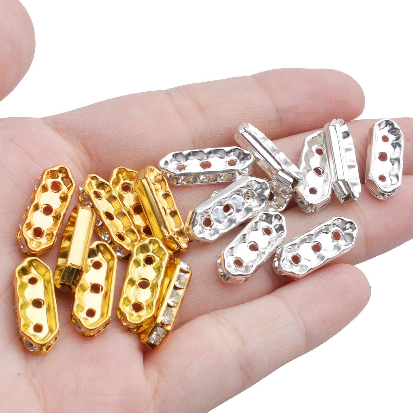 Rhinestone Spacer Beads,100Pcs Crystal Spacer Bars Beads 3 Hole Alloy Spacers Bar Link Connectors for DIY Multi Strand Bracelet Jewelry Making