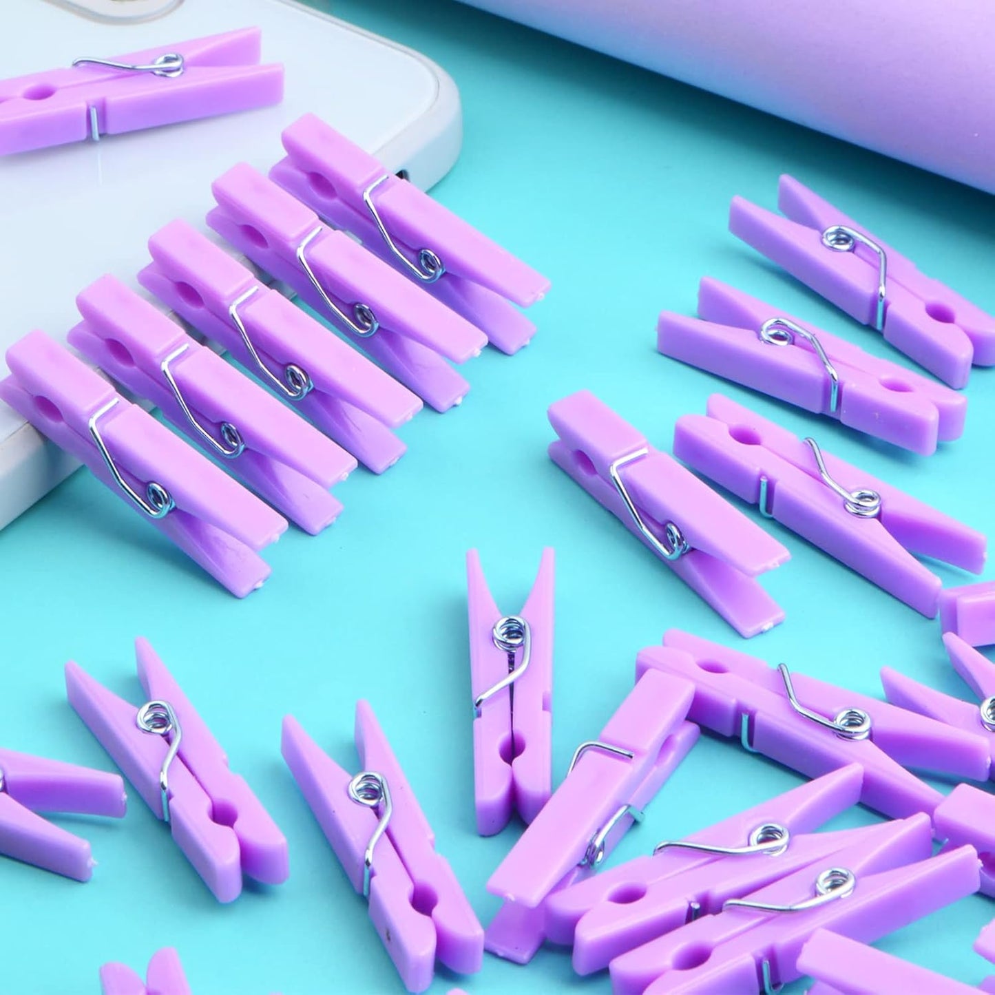 100 Pieces Mini Photo Clips Plastic Strong Springs Clothespins Decorative Craft Binder Clips for Hanging Picture Paper Scrapbooking Home Office Decor, Purple