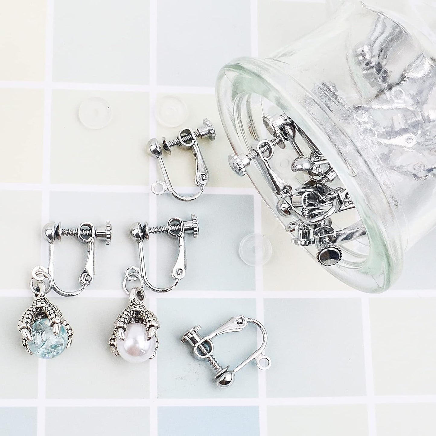 24pcs Silver Plated Clip-on Earring Converters Brass Screw Back Earwire Non Pierced Earring Components with Loop and 24pcs Anti-Pain Pads for DIY Earrings Jewelry Making