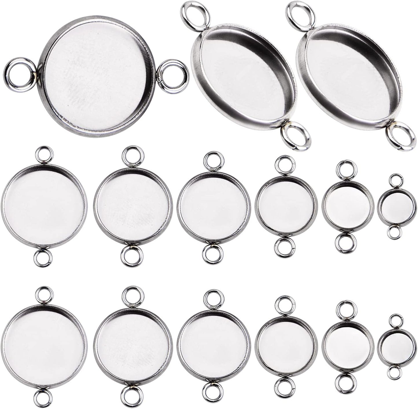 24pcs Stainless Steel Round Blank Bezel Pendant Cabochon Connectors Stud Earring Pendant Trays Blanks Links for DIY Jewelry Making Photo Resin Art Crafts, 6 Sizes