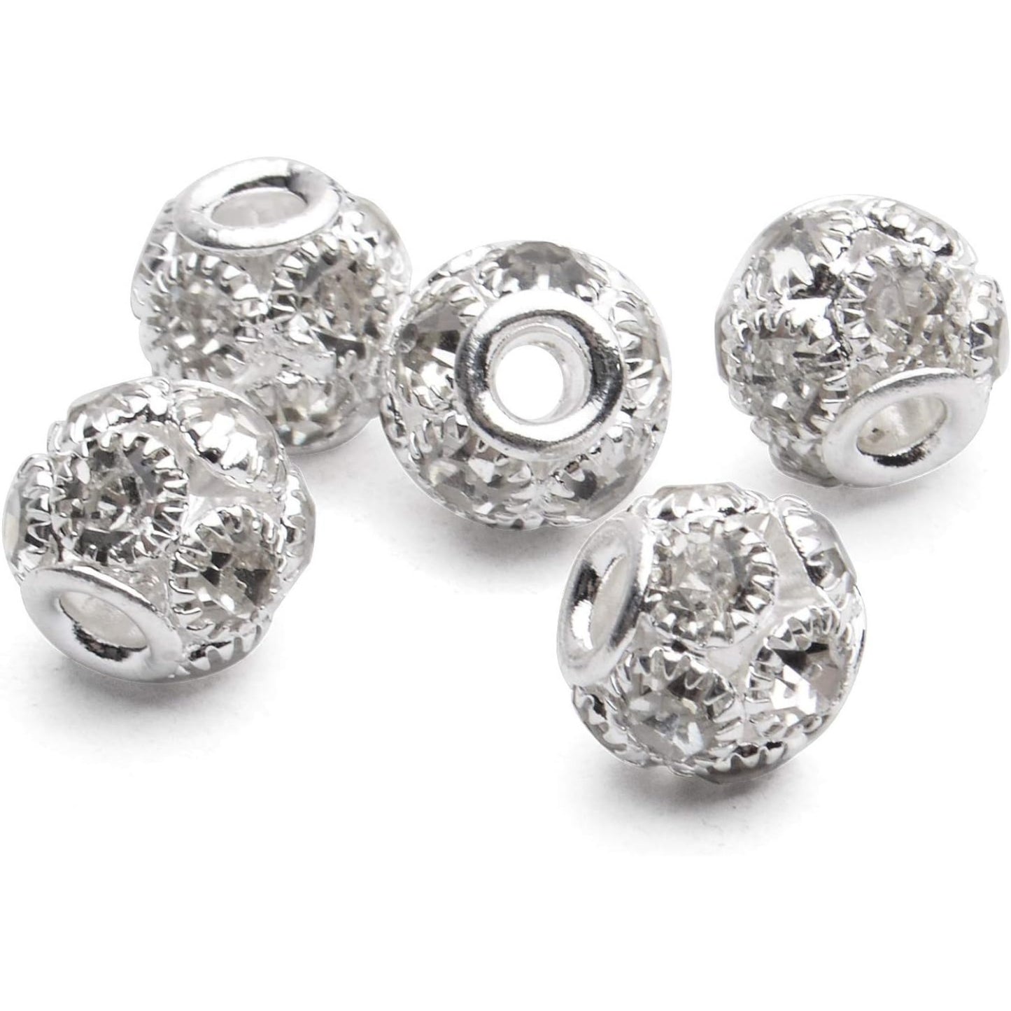 Rhinestone Spacer Beads, 30pcs 10mm Silver Rhinestone Pave Crystal Brass Beads European Rondelle Beads Round Spacer Beads for Bracelet Nacklace Jewelry Making Wedding Party Decoration