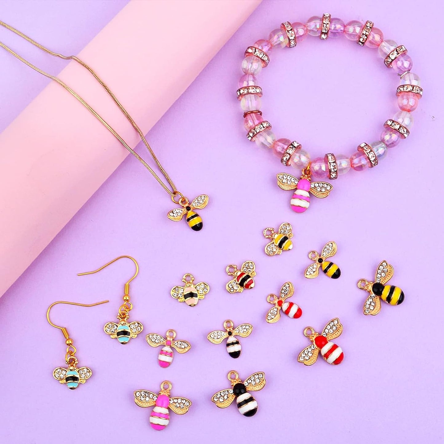24pcs Alloy Enamel Bee Charms Cute Animal Honeybee Insect Pendant Charms with Rhinestone for DIY Necklace Bracelet Earrings Jewelry Making Decor, Yellow and White