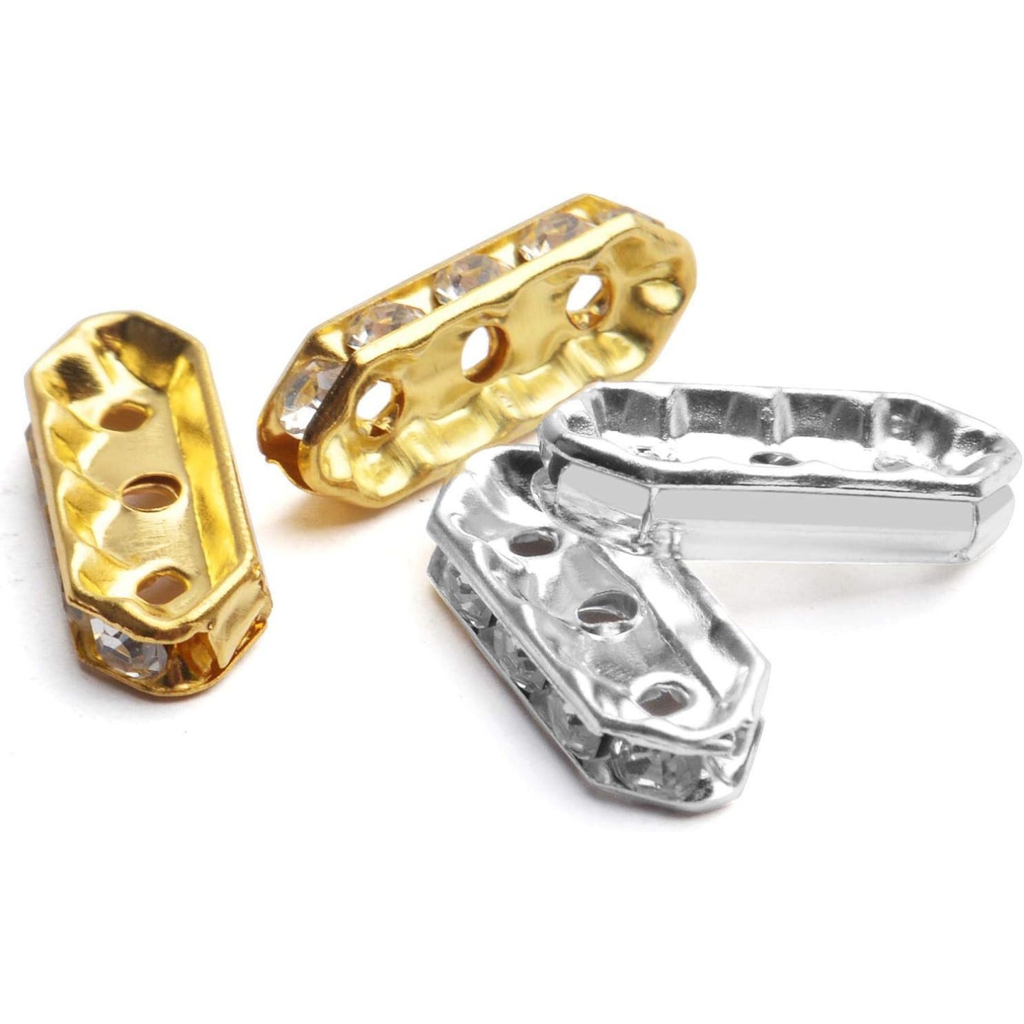 Rhinestone Spacer Beads,100Pcs Crystal Spacer Bars Beads 3 Hole Alloy Spacers Bar Link Connectors for DIY Multi Strand Bracelet Jewelry Making