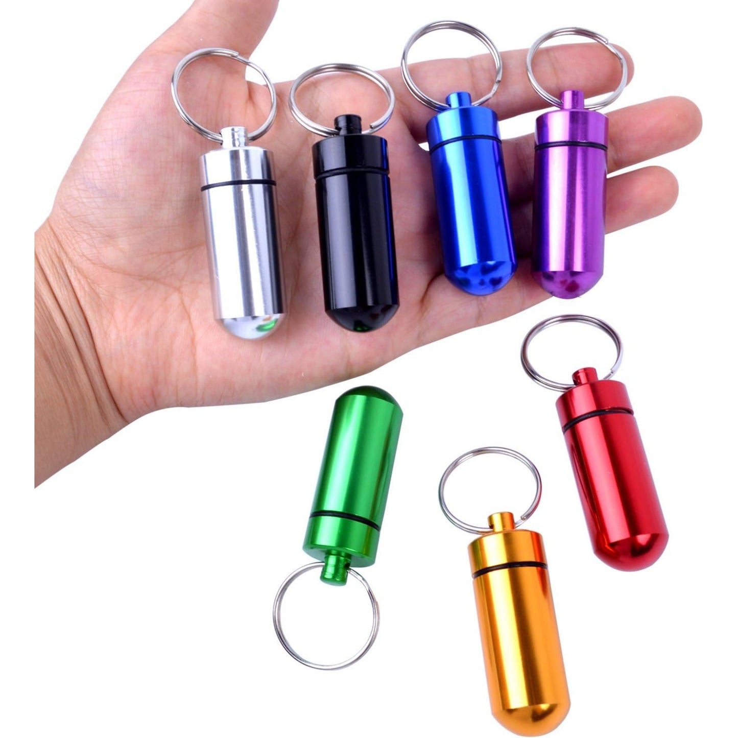 7Pcs Pill Box Holders,Mini Portable Waterproof Aluminum Pill Case with Keyring for Traveling,Camping,Hiking,Outdoor Sports