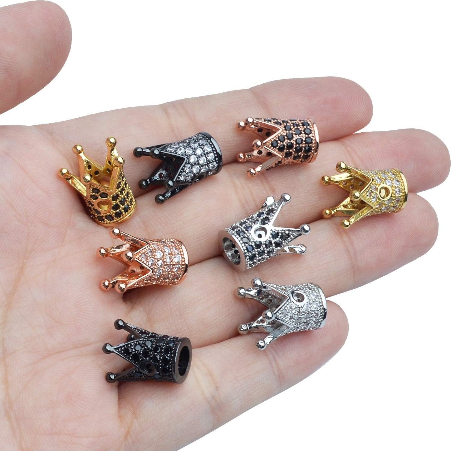 Mixed Color Brass Crown Spacer Beads, 8pcs Micro Pave Cubic Zirconia CZ King Crown Charm Loose Beads for DIY Jewelry Making and Crafting, 12x8mm