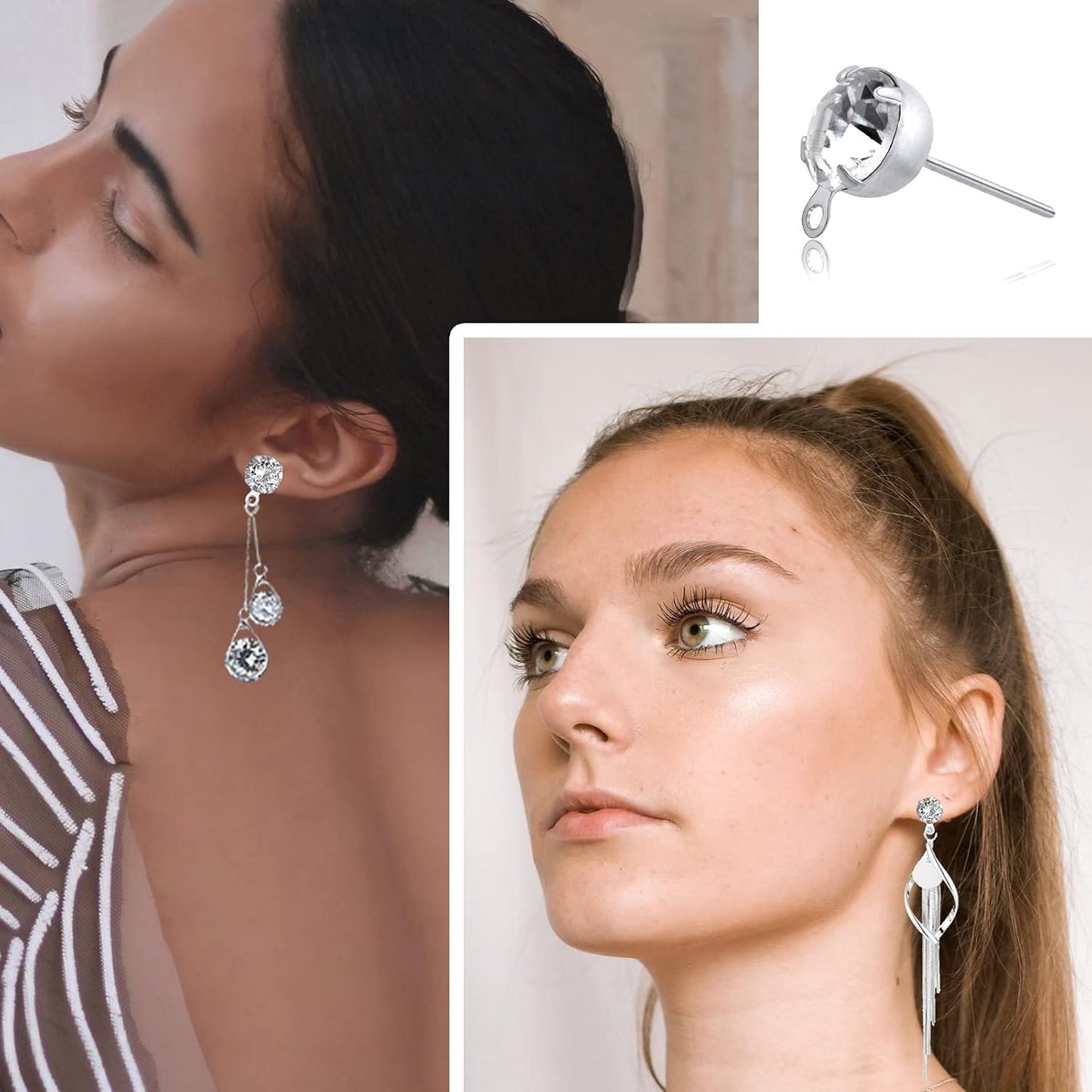 80pcs 4mm/5mm/6mm/8mm Rhinestone Earrings Posts with Loop Hypoallergenic Metal Earrings Studs and 80pcs Butterfly Earring Backs for DIY Dangle Earrings Design Jewelry Making, Silver