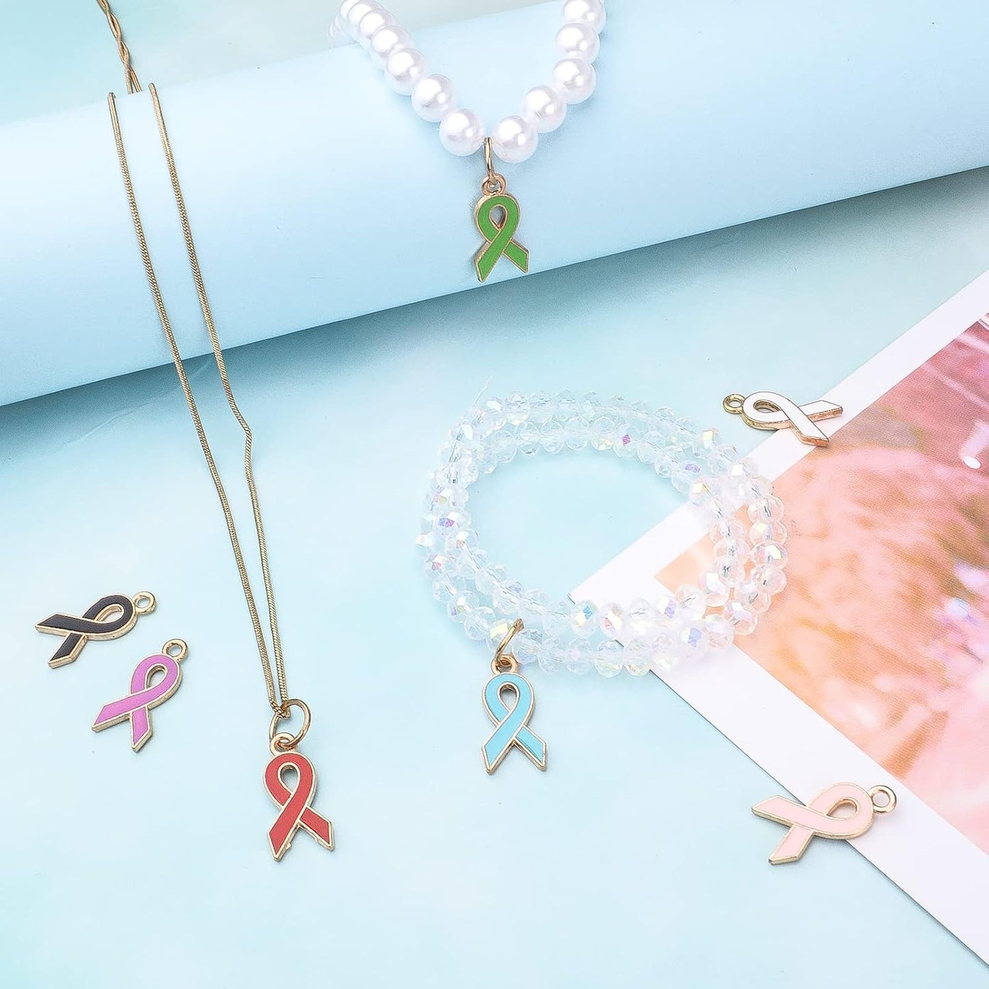 48pcs Breast Cancer Awareness Charms Enamel Ribbon Charm Beads Hope Ribbon Pendant Charms DIY Jewelry Making Accessories for Bracelet Necklace Earrings Crafts, 8 Colors