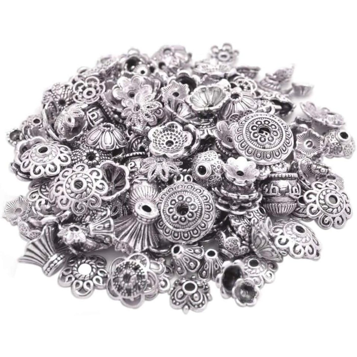 160-210pcs Bali Style Jewelry Making Metal Bead Caps Deluxe New Mix, 100 Gram,Tibetan Silver