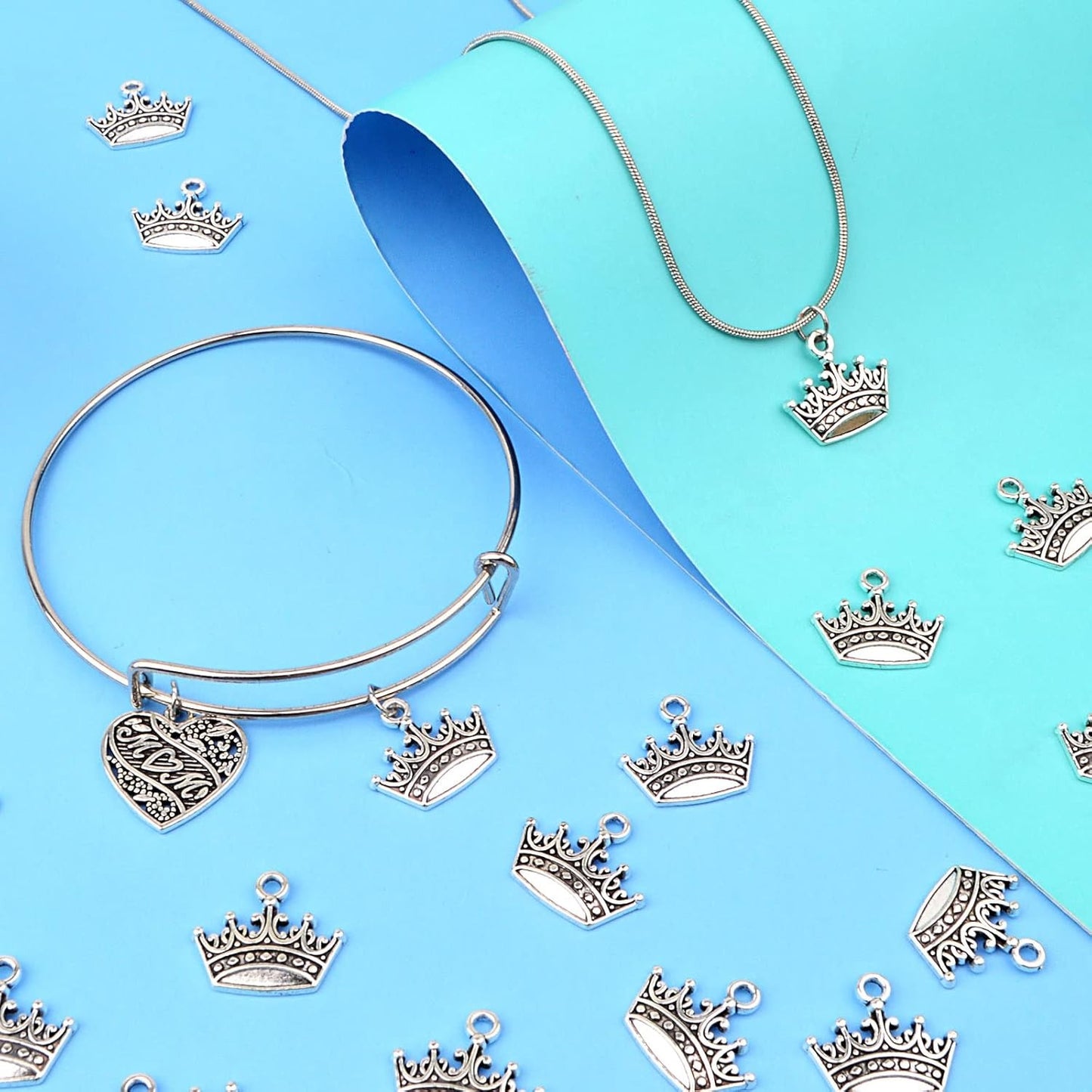 60 Pieces Antique Silver Tiara Crown Charms Vintage Alloy Mini Crown Princess Dangle Pendants Accessories for DIY Necklace Jewelry Making Brithday Party Gifts