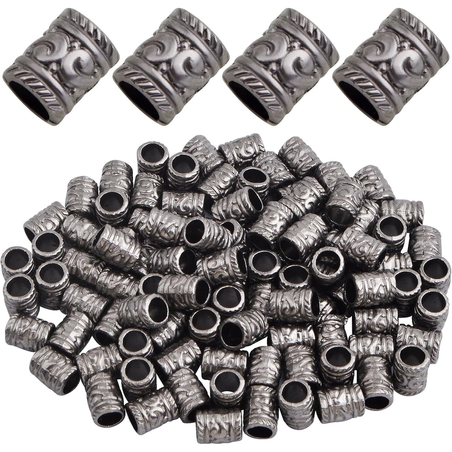 100pcs Large Hole Spacer Beads Alloy Column Loose Beads Gun Black Filigree Pattern Barrel Tube Beads Accessories for DIY European Charms Bracelet Jewelry Making, Hole: 5 mm