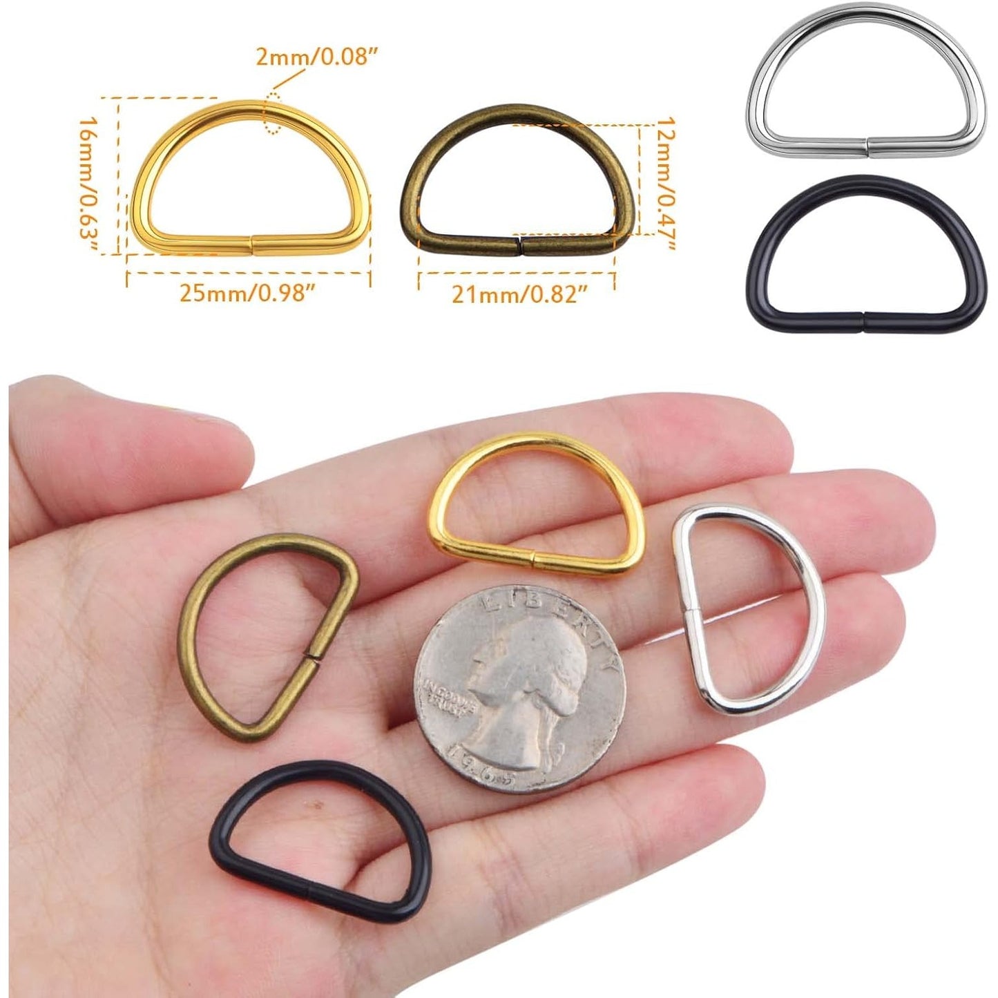 100pcs Heavy Duty Semi-Circular D Rings Multi-Functional Half Round D-Shaped Rings Buckle DIY Accessories for Hardware Bags Backpack Belt Clothing Sewing, 4 Colors