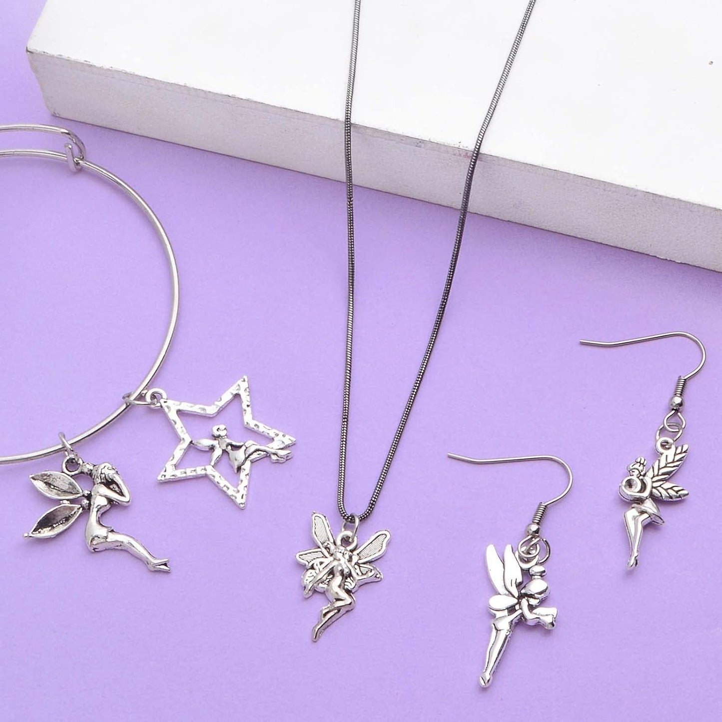 60pcs Antique Silver Angel Charms Vintage Alloy Fairy on Star Pendants Angel Fairy Dangle Charms Crafts Supplies for DIY Necklace Bracelet Earrings Jewelry Making, 6 Styles