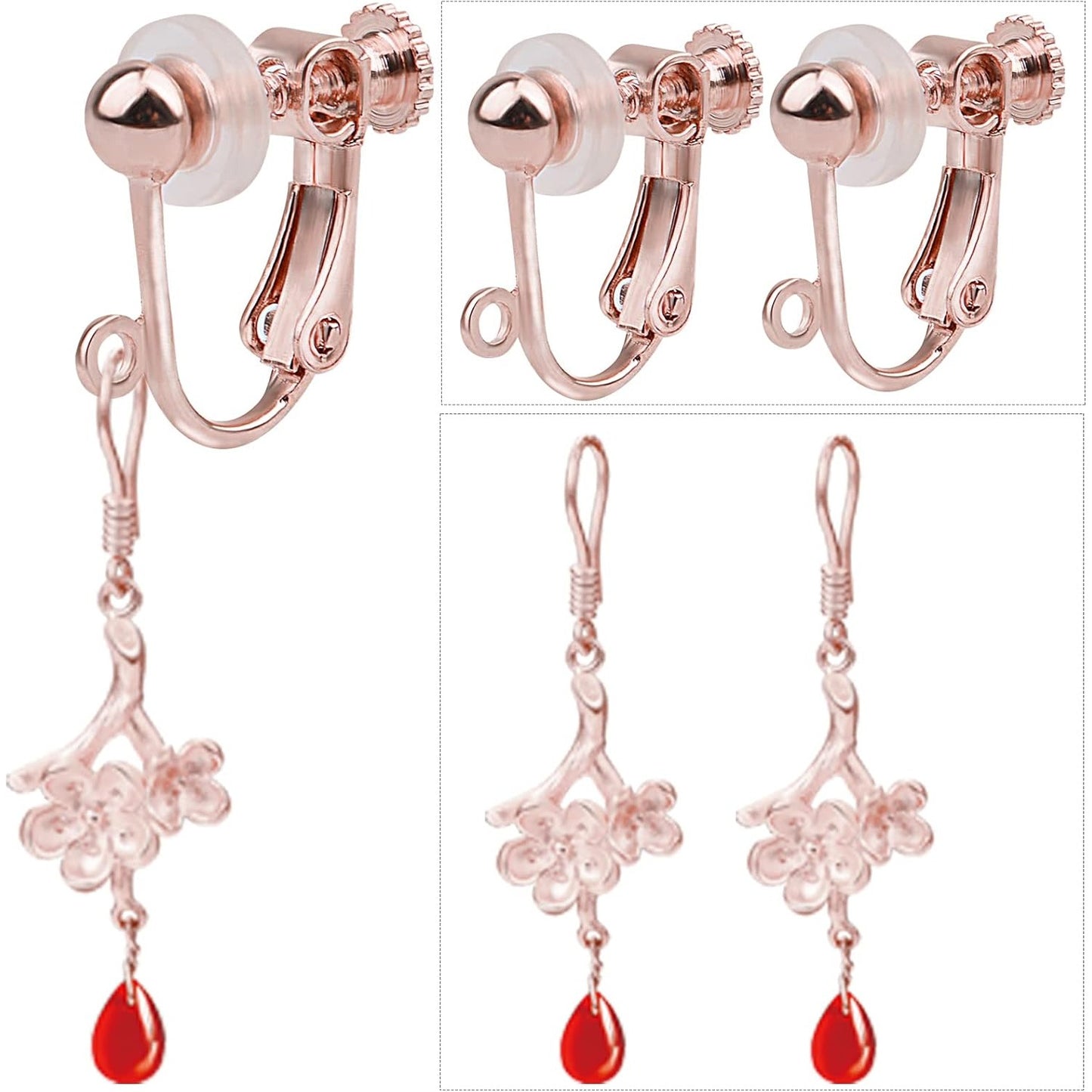 24pcs Clip-on Earring Converters Components Brass Screw Back Ear Wire Earring Findings with Loop and 24pcs Soft Earring Cushions for Non Pierced Ears, Rose Golden