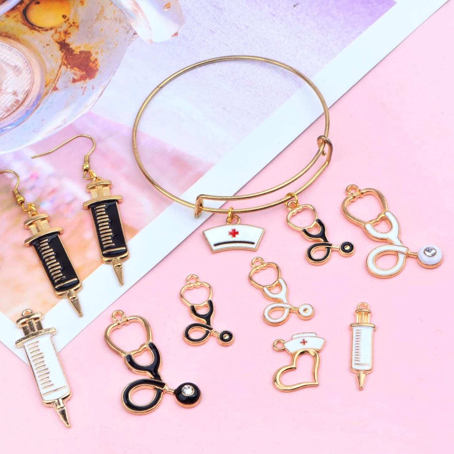 18pcs KC Golden Plated Enamel Medical Nurse Charms Heart Stethoscope Syringe Nurse Cap Hat Pendants Charms for DIY Necklace Bracelet Jewelry Making Crafting, 9 Styles