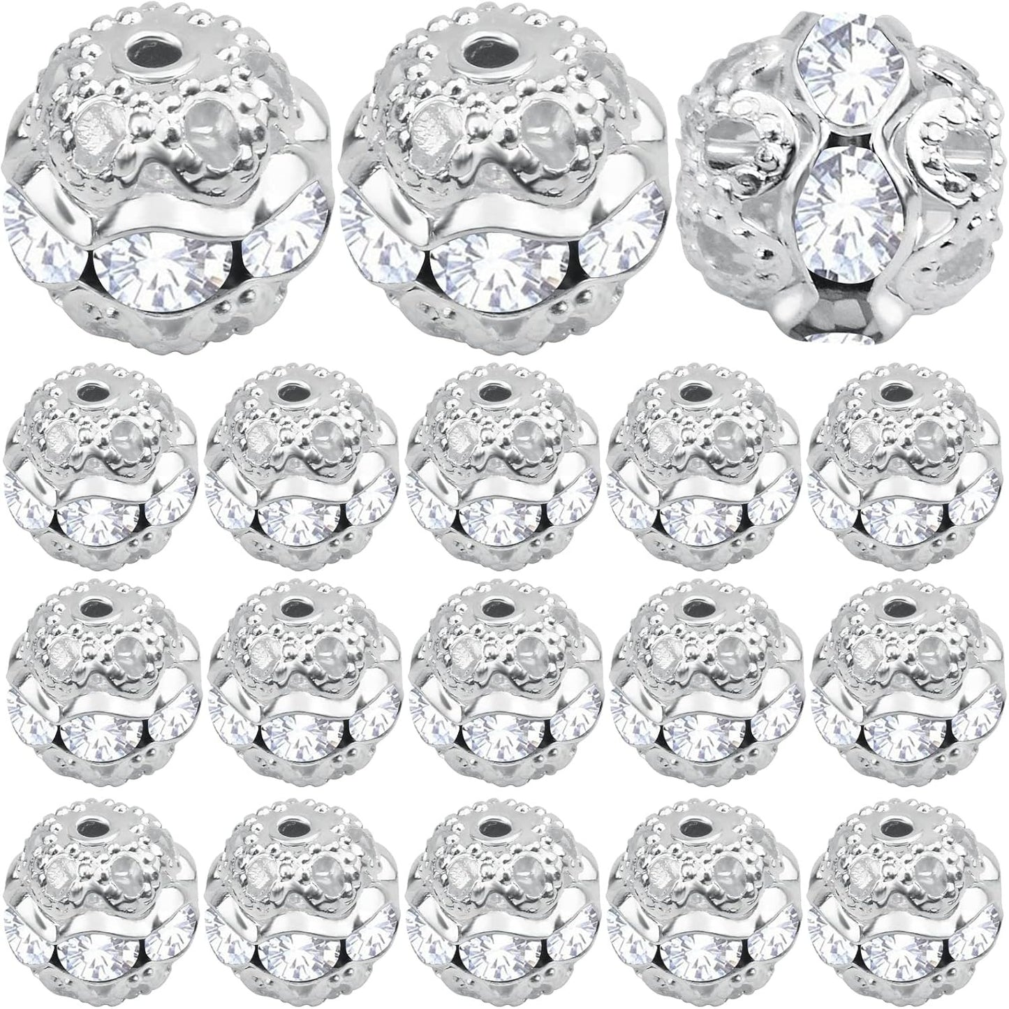 100pcs 8 mm Silver Crystal Rhinestone Ball Spacer Beads Round Ball Disco Rondelle Loose Spacer Beads Jewelry Findings Accessories for DIY Necklace Bracelet Handmade Decor