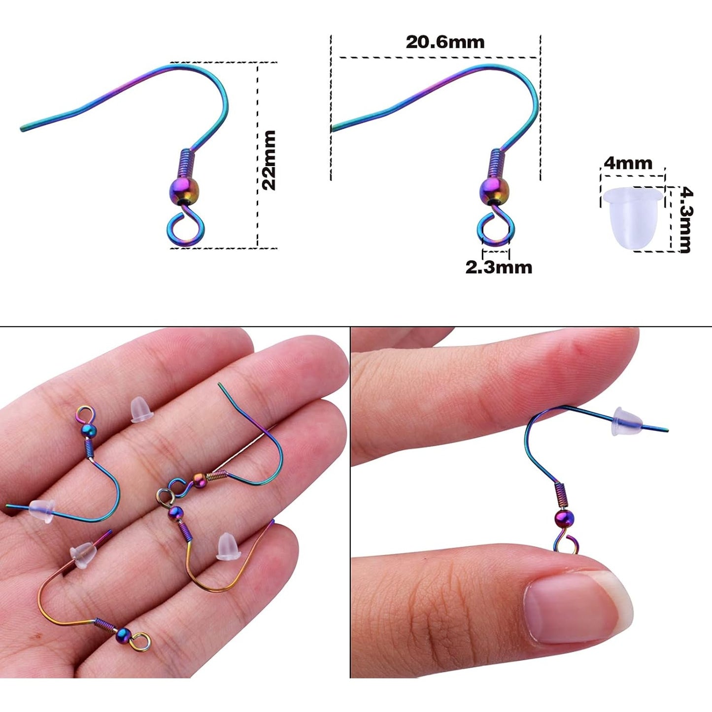 Stainless Steel Earring Hooks, 50pcs Rainbow Color Fish Earrings Hooks Ear Wires Fish Hooks Hypo-allergenic with 50pcs Clear Bullet Earring Backs for DIY Jewelry Earrings Making