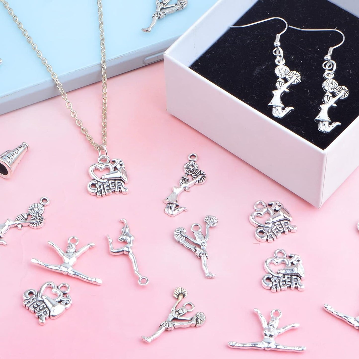 60pcs 6 Styles Antique Silver Cheerleading Theme Charms Tibetan Alloy Gymnastics School Sports Dangle Pendants for DIY Necklace Bracelet Jewelry Making Findings