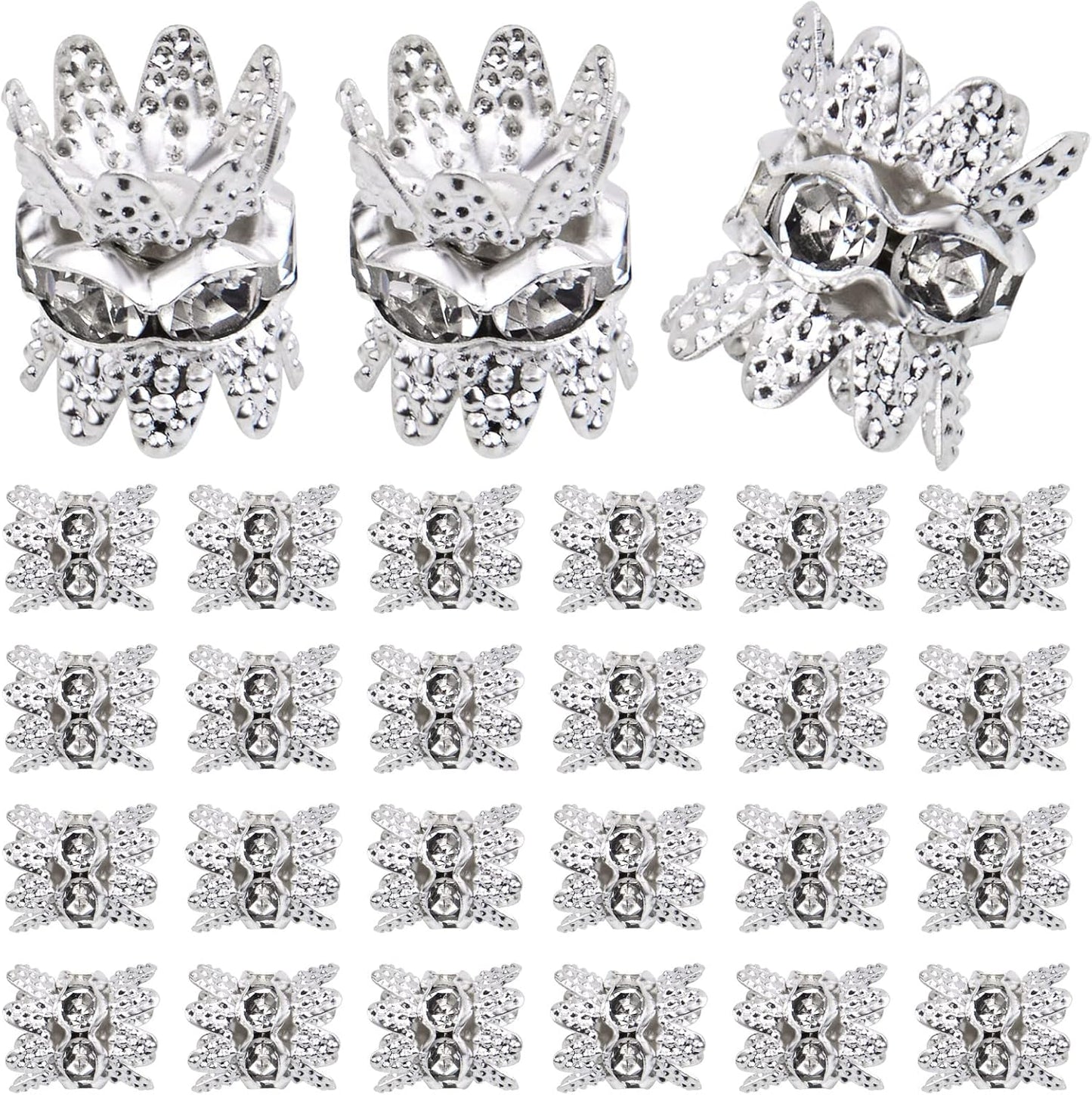 60PCS Double Flower Beads Caps with Rhinestone Petal Brass Bead Spacer Flower Caps Jewelry Making Accessories for Bracelet Necklace Earring