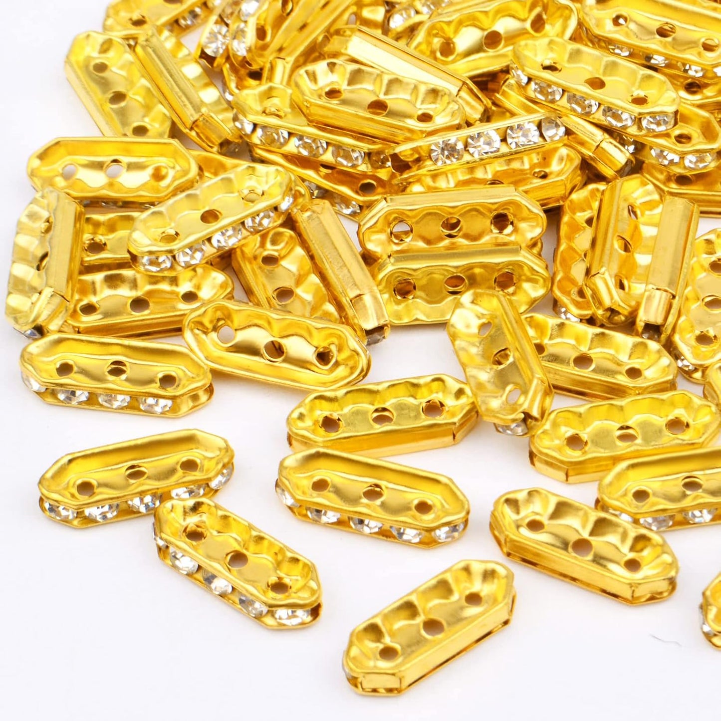 100pcs Rhinestone Spacer Bars Crystal Beads 3-Hole Alloy Spacers Bar Link Connectors for Multi Strand Bracelet Jewelry Making Accessory, Golde