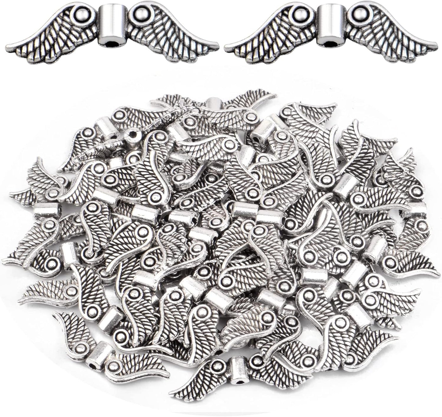 60pcs Tibetan Style Angel Wing Spacer Beads Alloy Small Hole Wing Loose Spacer Charm Beads Accessories for DIY Bracelet Necklace Earrings Jewelry Making, Bright Silver
