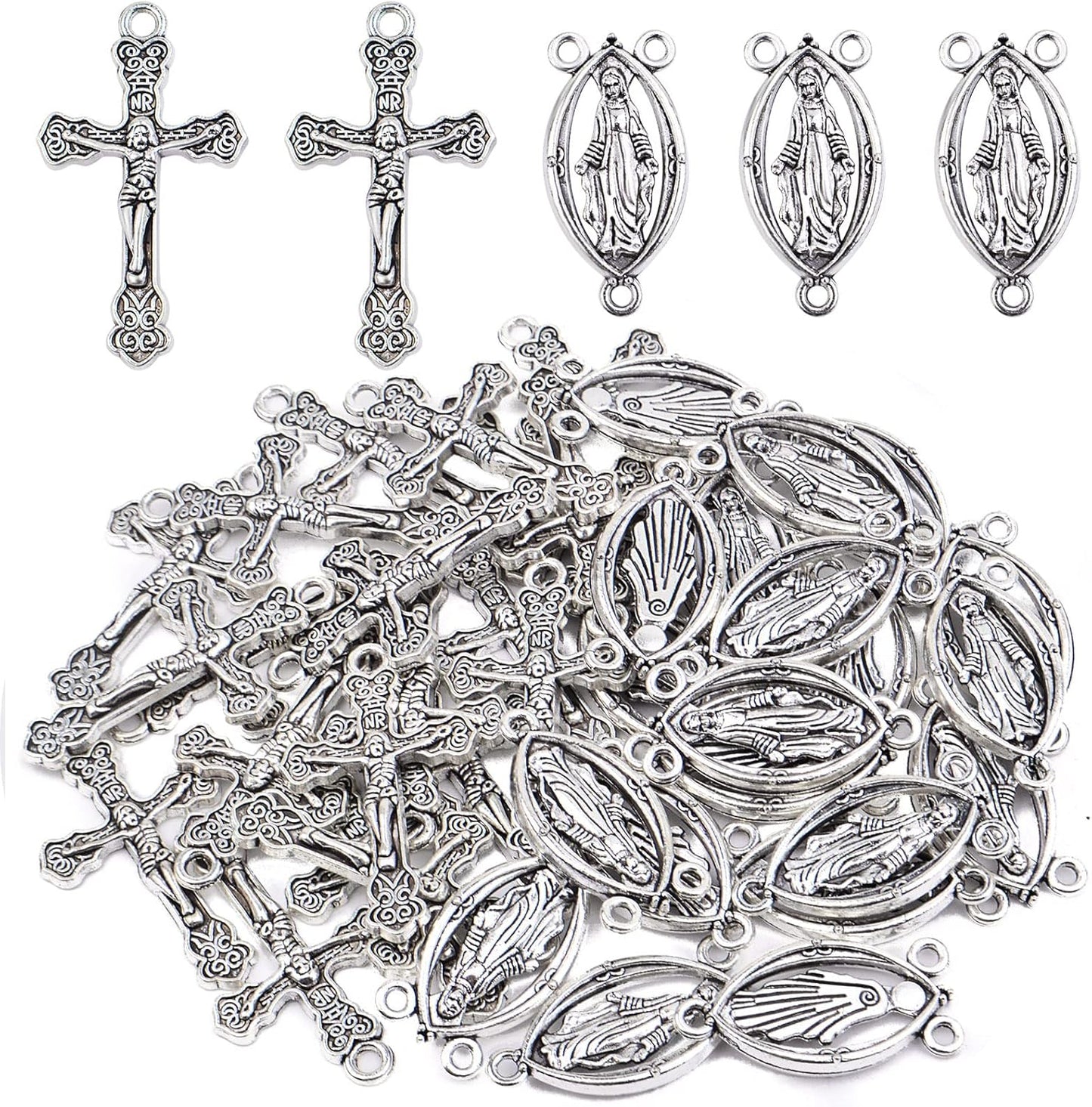 40pcs Gold Plated Rosary Cross and Center Charms Miraculous Medal Pendant Alloy Tibetan Style Jesus Crucifix Cross Pendants Oval Chandelier Links for Rosary Holy Beads Necklace Making