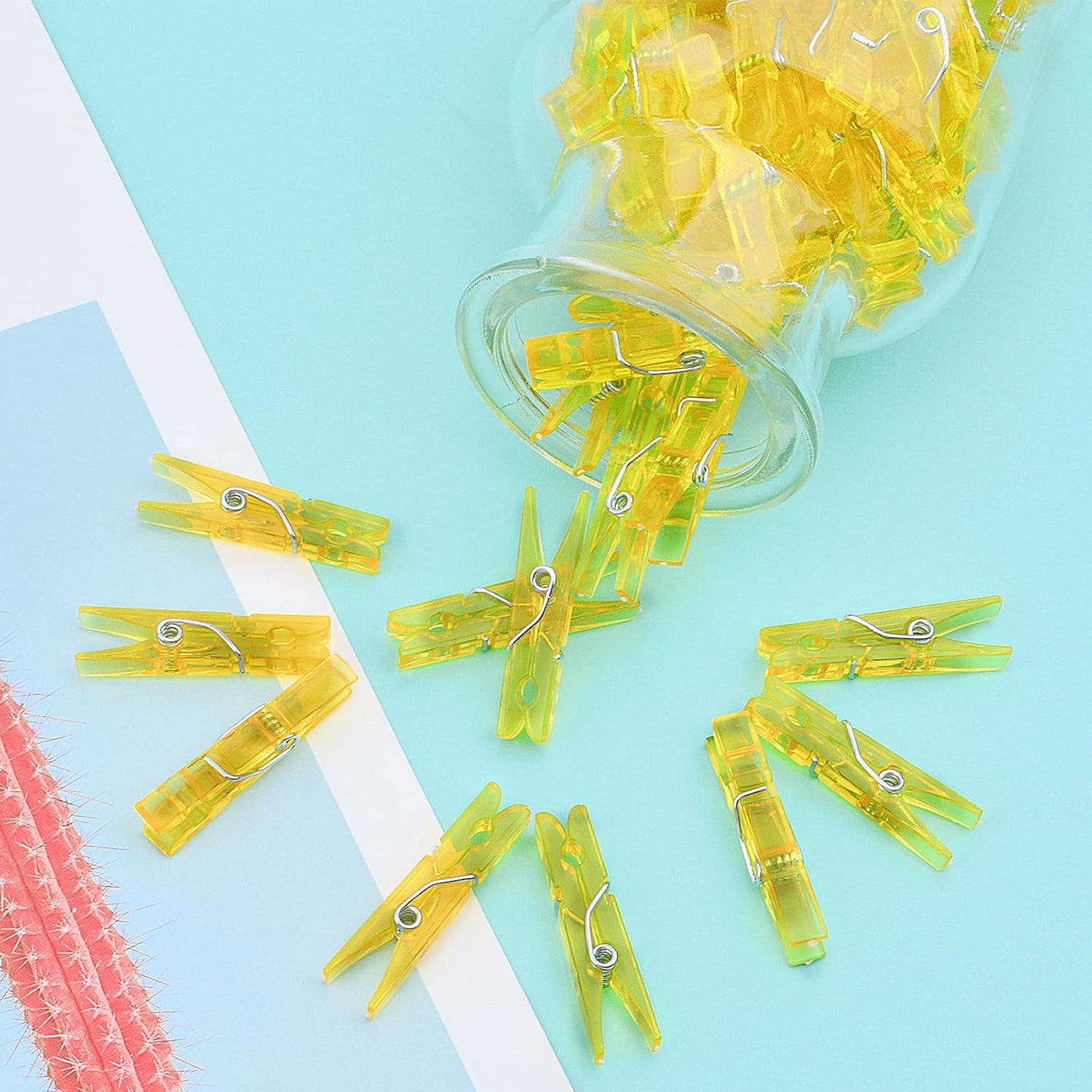 100pcs Yellow Plastic Clothespins Mini Transparent Clips Photo Paper Peg Pins Craft Clips for Wall Hanging Pictures Wedding Party Decoration Gift Wrapping